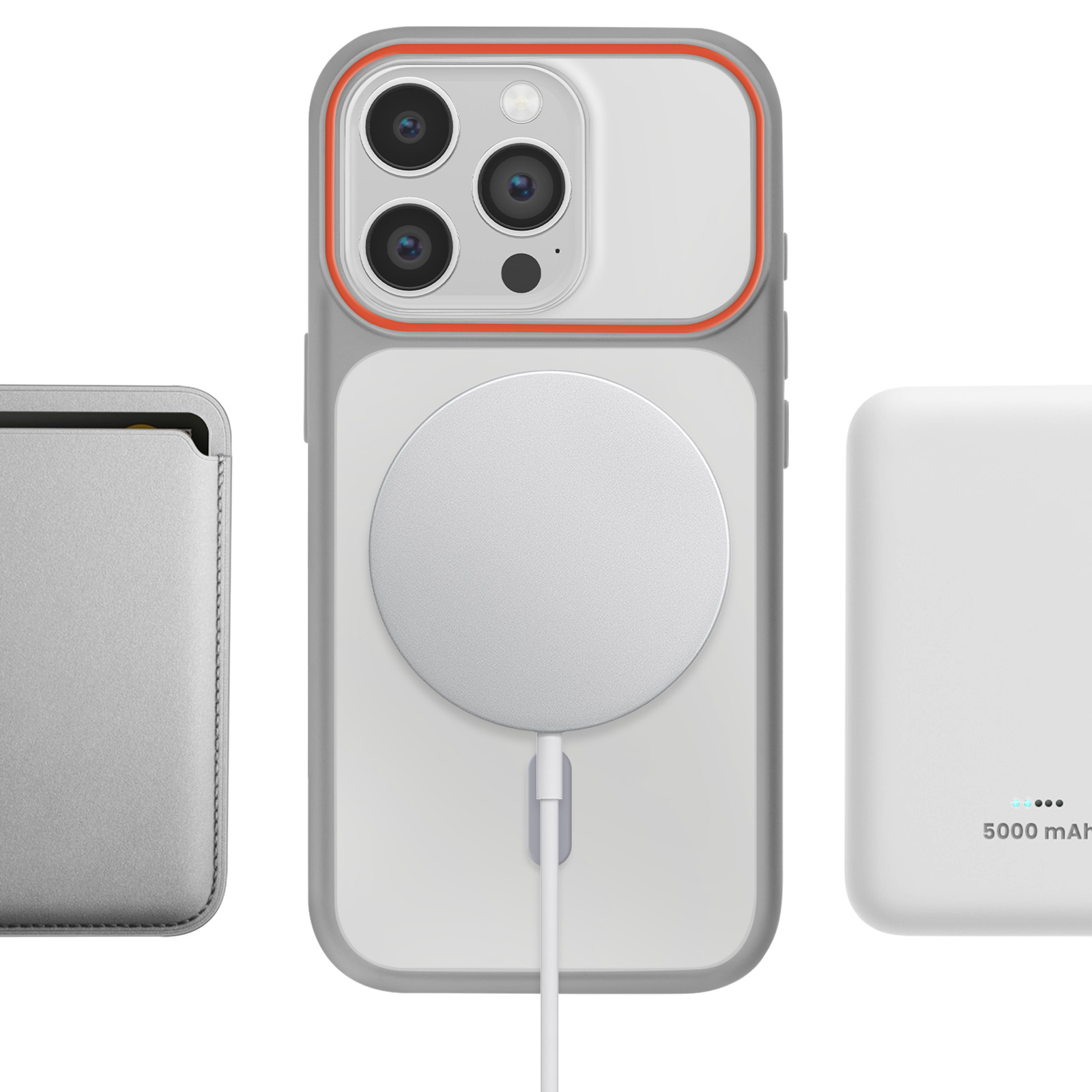 Un iPhone avec étui, chargeur et batterie externe sur fond blanc.
