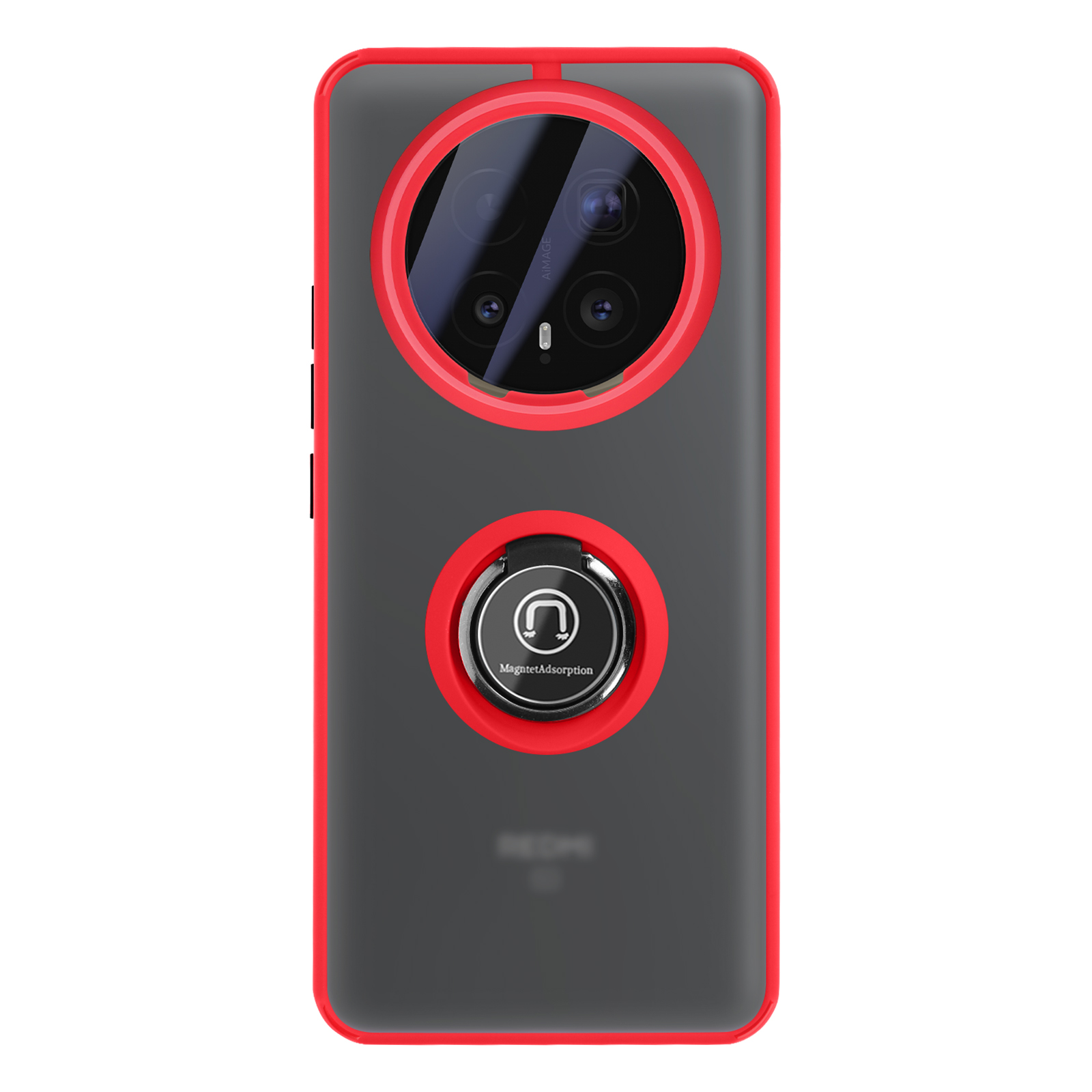 Grijze telefoonhoes met rode rand, cameralens en ringhouder.