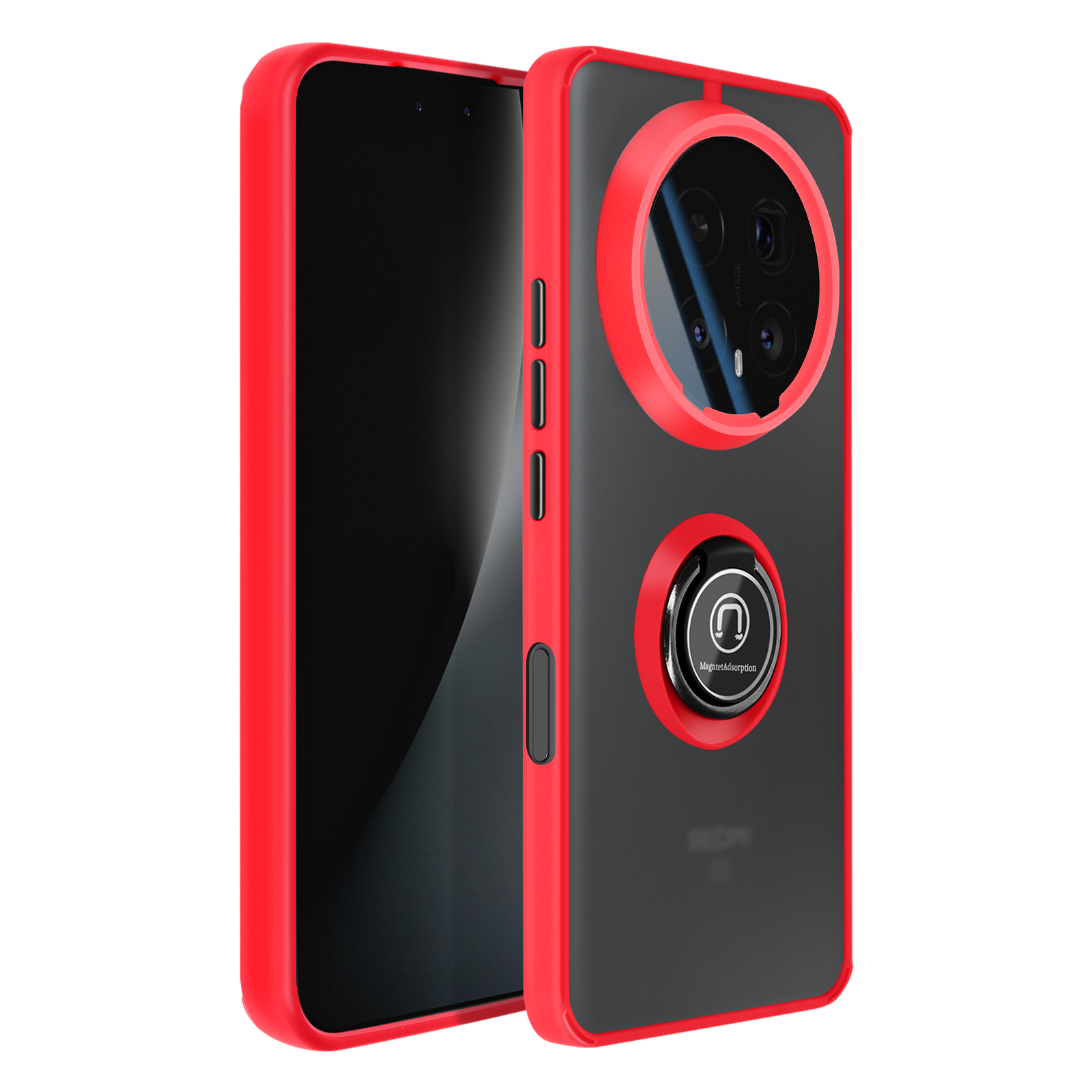 Een rode telefoonhoes met zwarte achterkant en ringhouder.