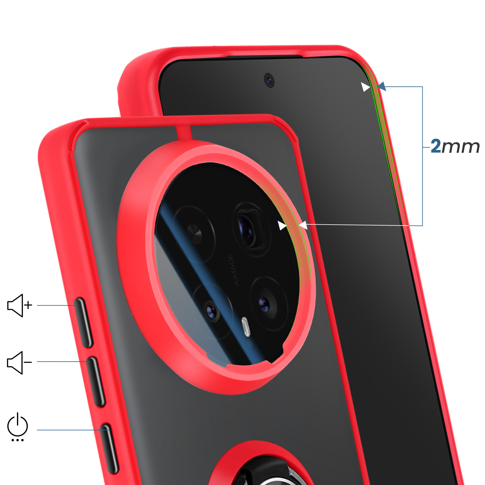 Rode telefoonhoes met doorzichtig achterpaneel, toont camera en knoppen.