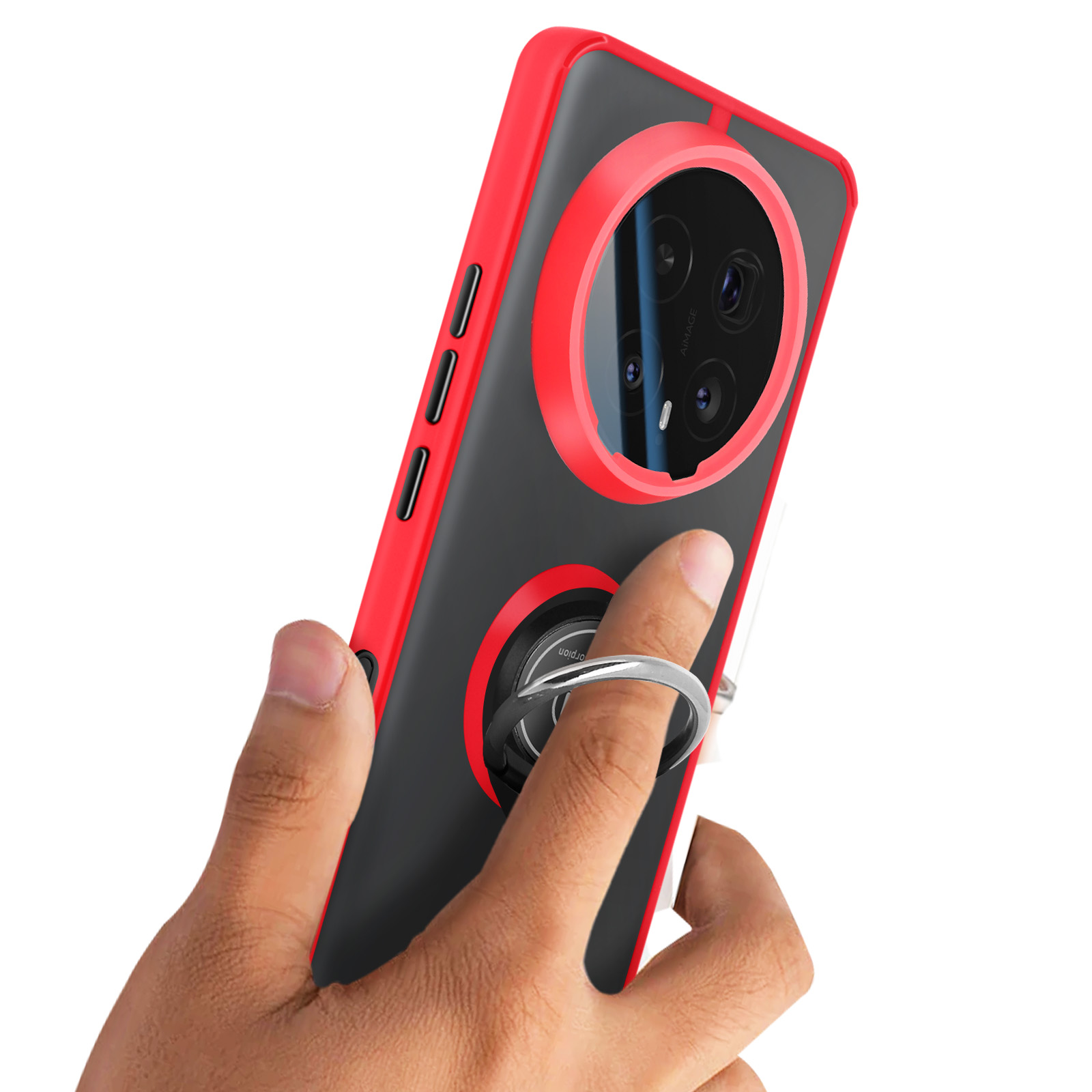 Een hand houdt een smartphone vast met een rode rand en zwarte achterkant.