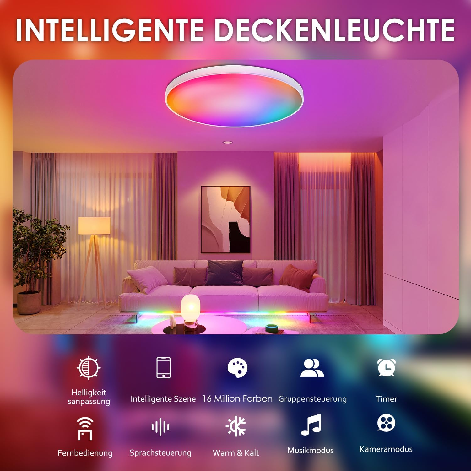 Plafoniera intelligente con cambio colore e arredi moderni.