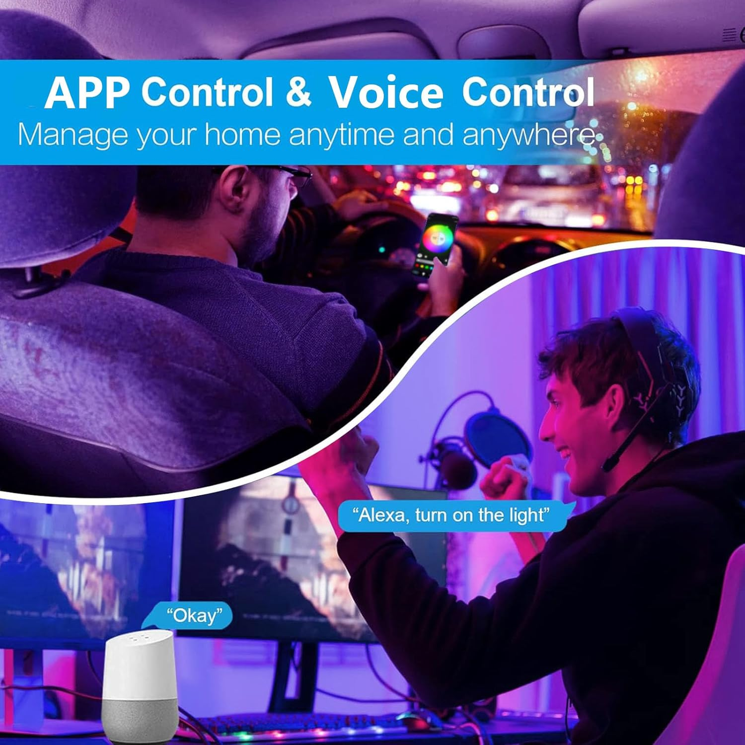 Uomo in auto e uomo al PC usano controllo vocale per smart home.