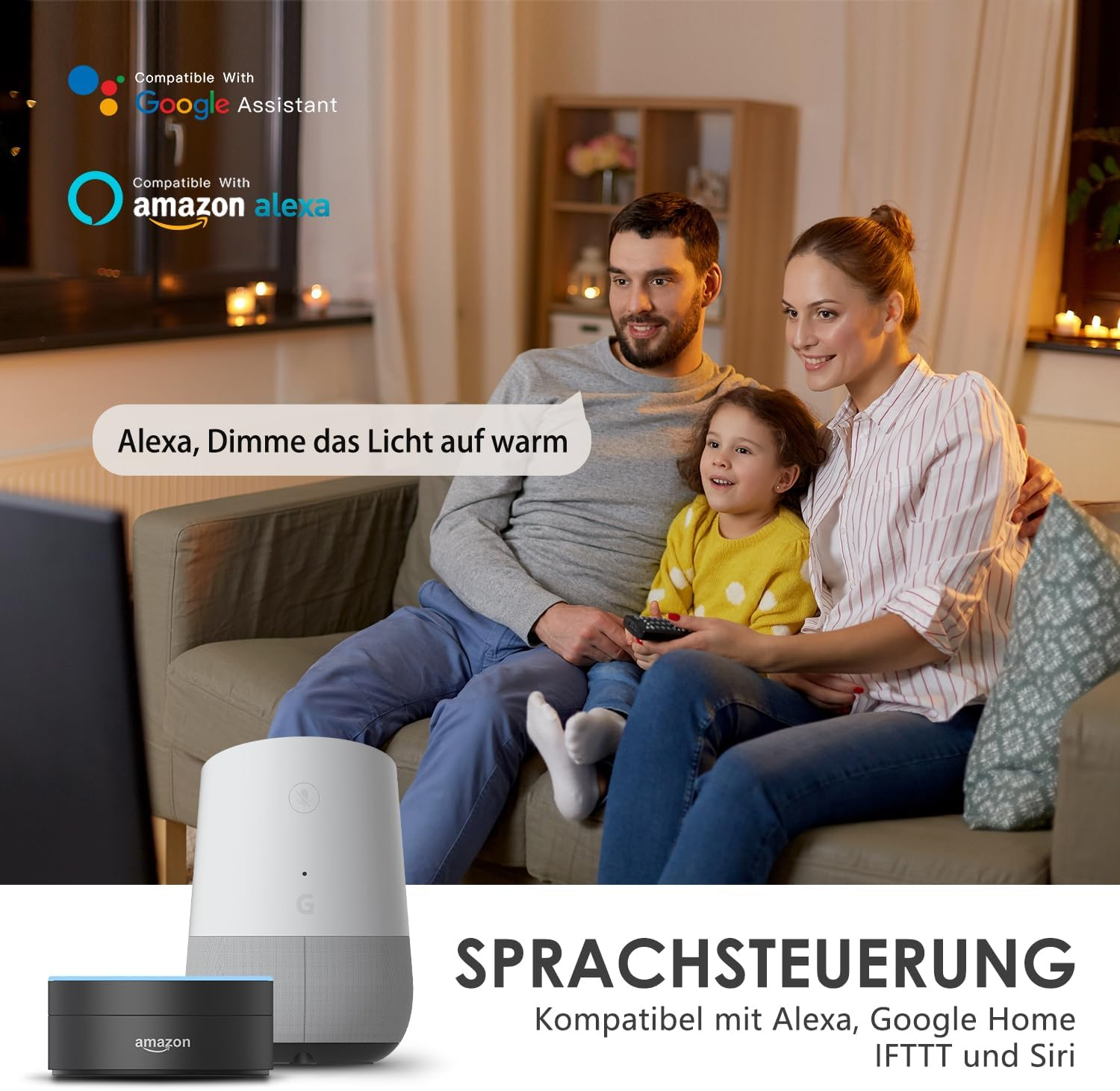 Famiglia guarda TV, assistenti vocali in primo piano. Alexa, abbassa le luci.