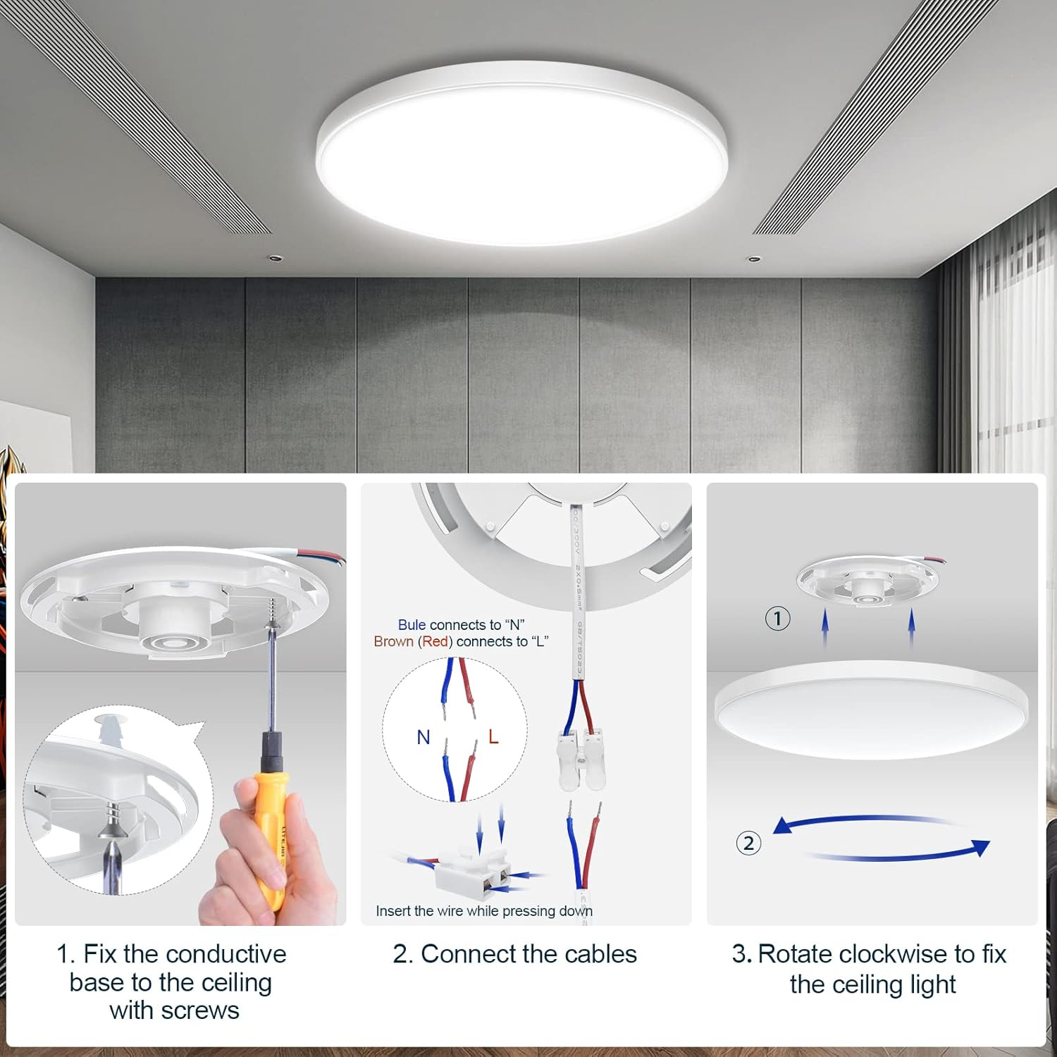 Guida installazione lampada soffitto: fissare base, collegare cavi, ruotare lampada.