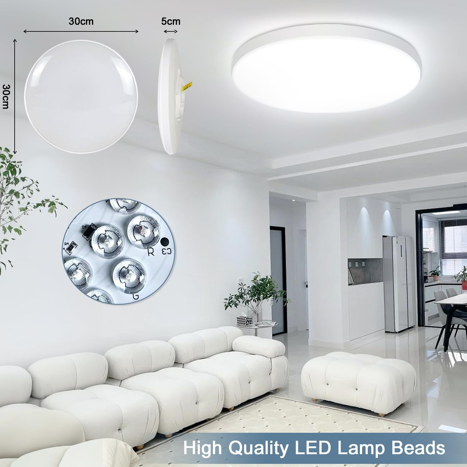 Prototipo di lampada da soffitto LED bianca rotonda con dimensioni.