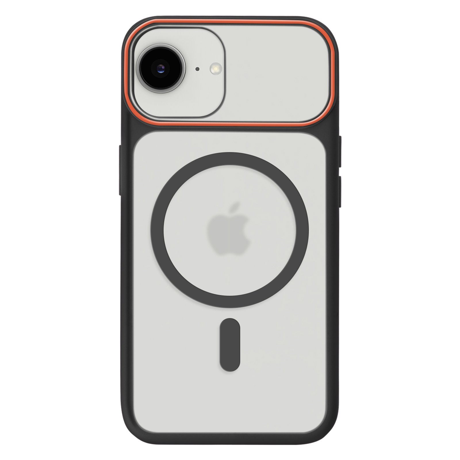 Custodia nera per iPhone con bordo arancione, fotocamera e logo Apple.