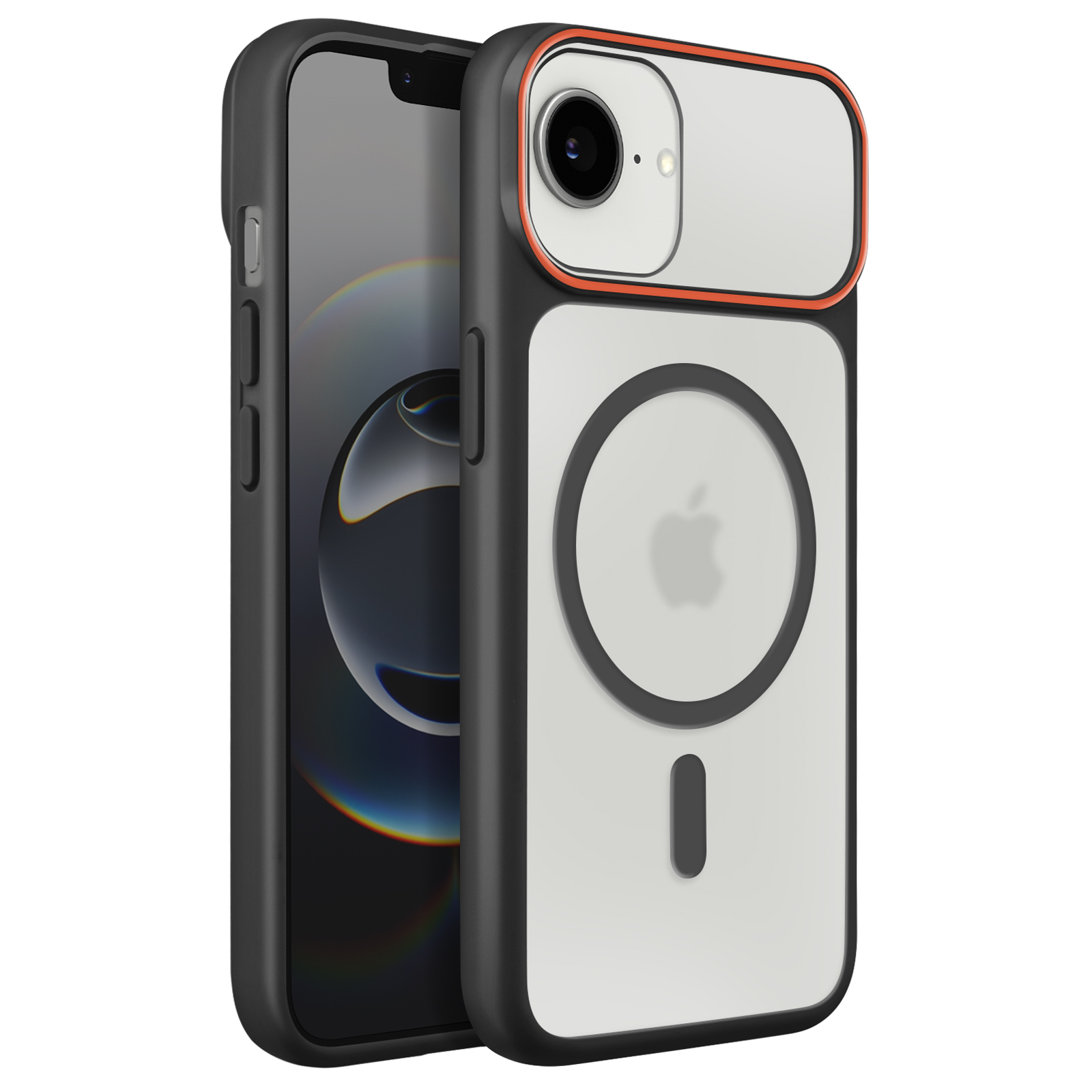 Un iPhone nero con custodia MagSafe, bordo arancione e retro trasparente.