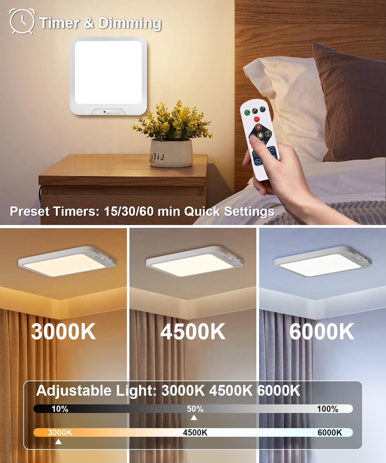 Luce da soffitto con timer e dimmer, temperature di colore regolabili.