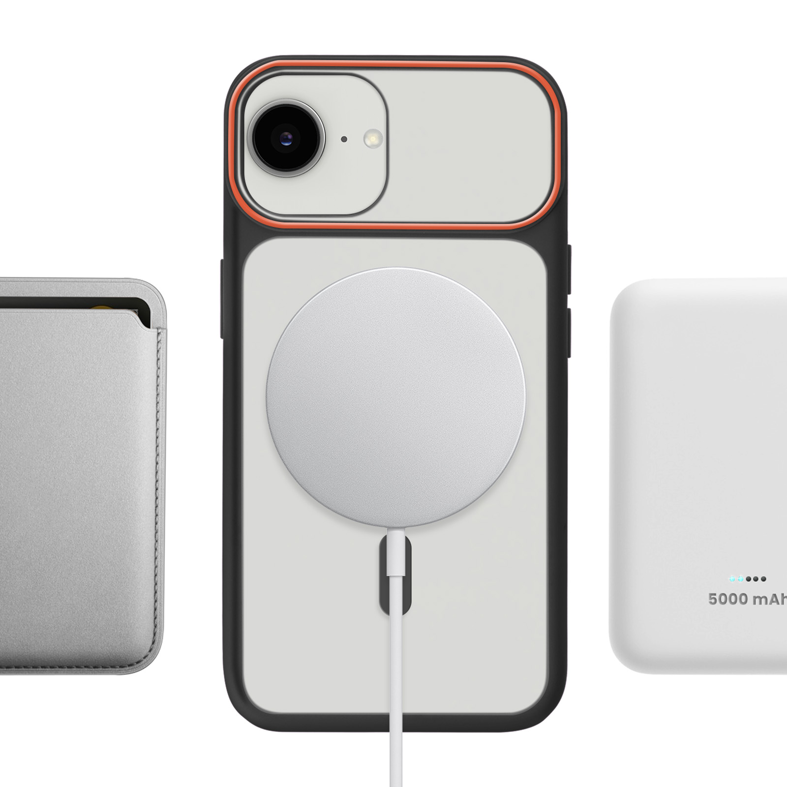 Un porta carte argento, un iPhone con MagSafe e un power bank bianco.