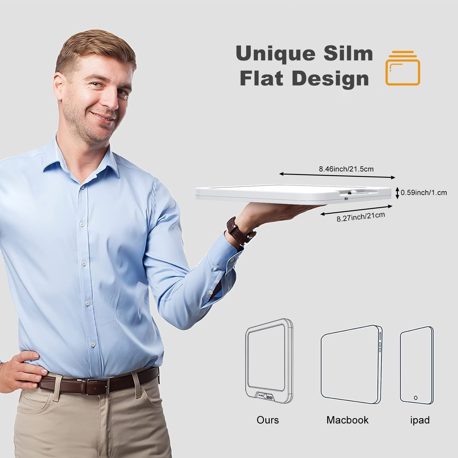 Uomo tiene un dispositivo rettangolare bianco e sottile. Vengono mostrate dimensioni e immagini comparative.