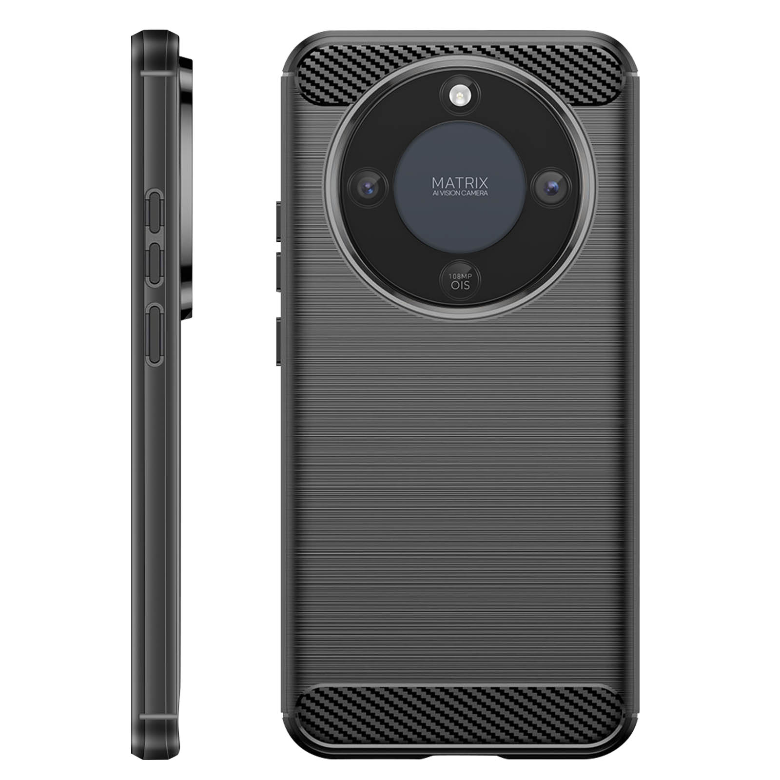 Uno smartphone scuro con una grande isola della fotocamera rotonda e accenti in fibra di carbonio.