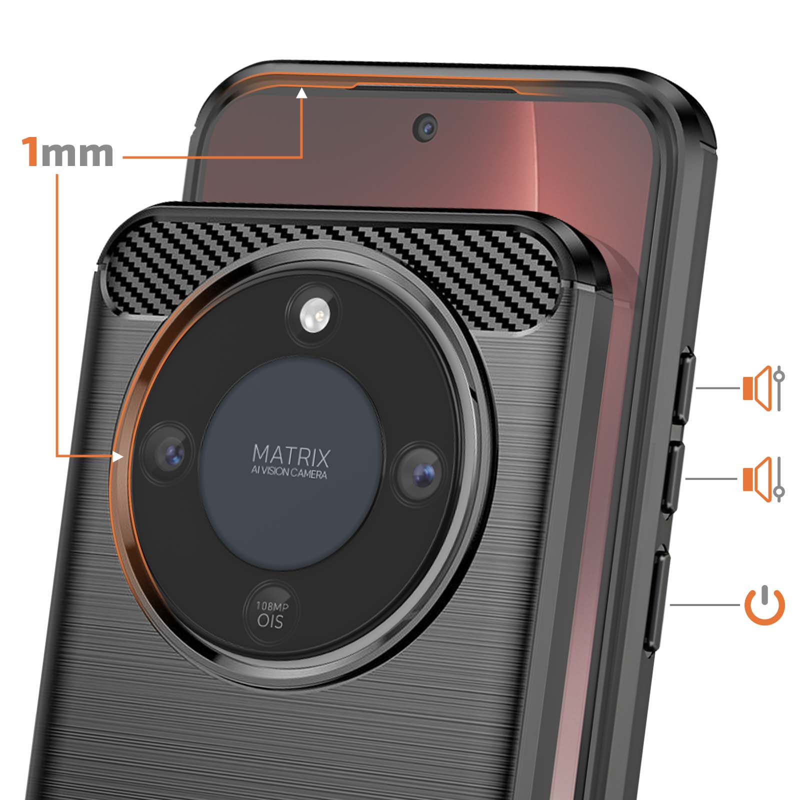 Primo piano di una custodia nera per telefono con fotocamera Matrix da 108MP.