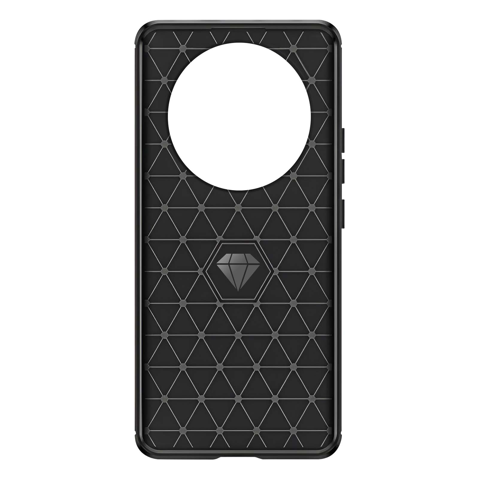 Custodia nera per telefono con motivo geometrico e ritaglio circolare.