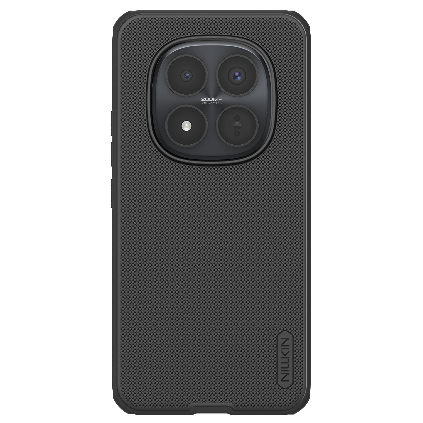 Custodia nera per telefono con superficie testurizzata e modulo fotocamera.