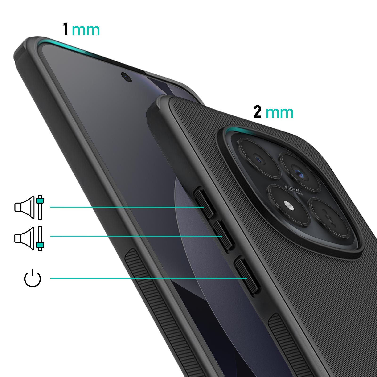 Custodia nera per telefono con ritaglio fotocamera e icone volume.