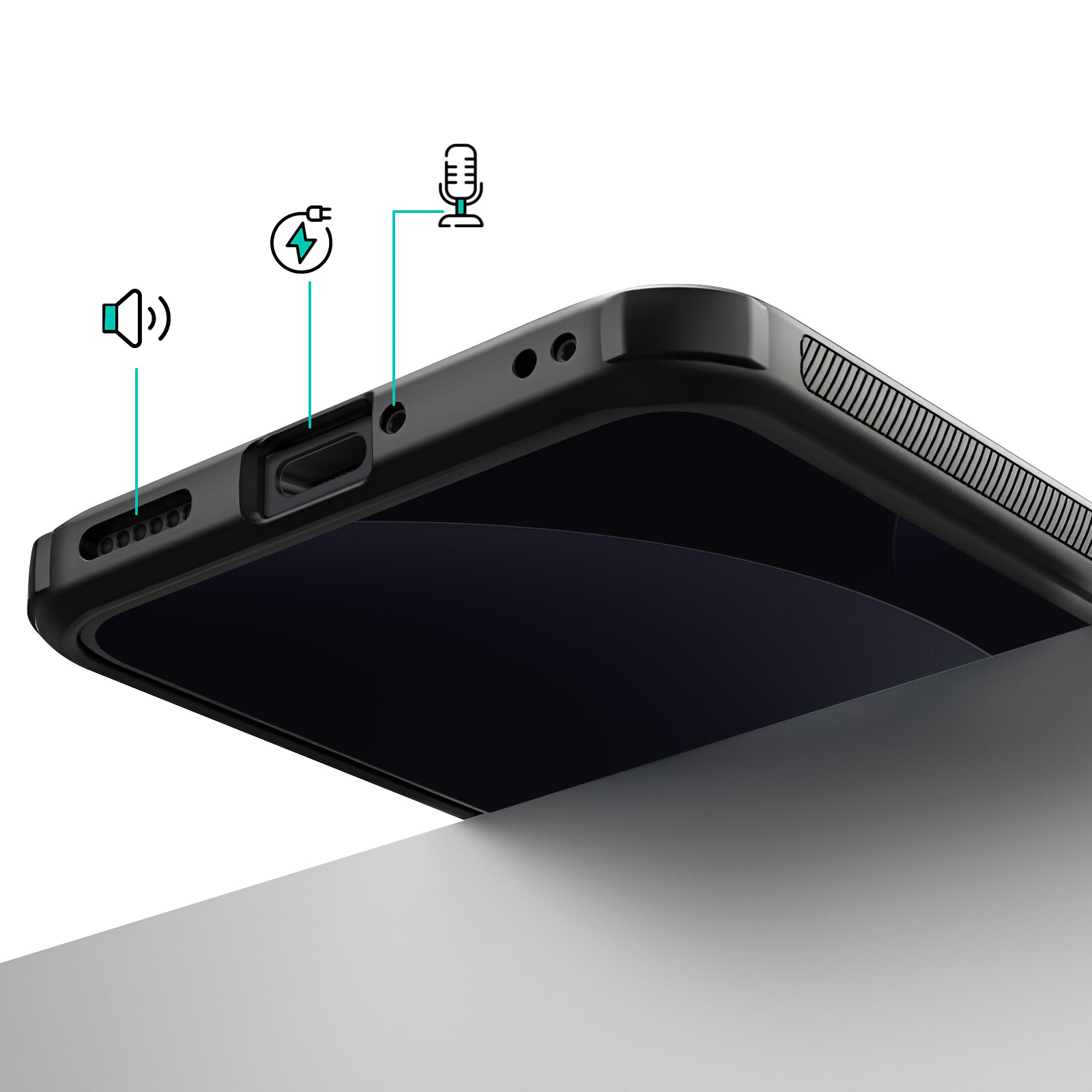 Primo piano del bordo inferiore di uno smartphone nero, con altoparlante, porta di ricarica e microfono.