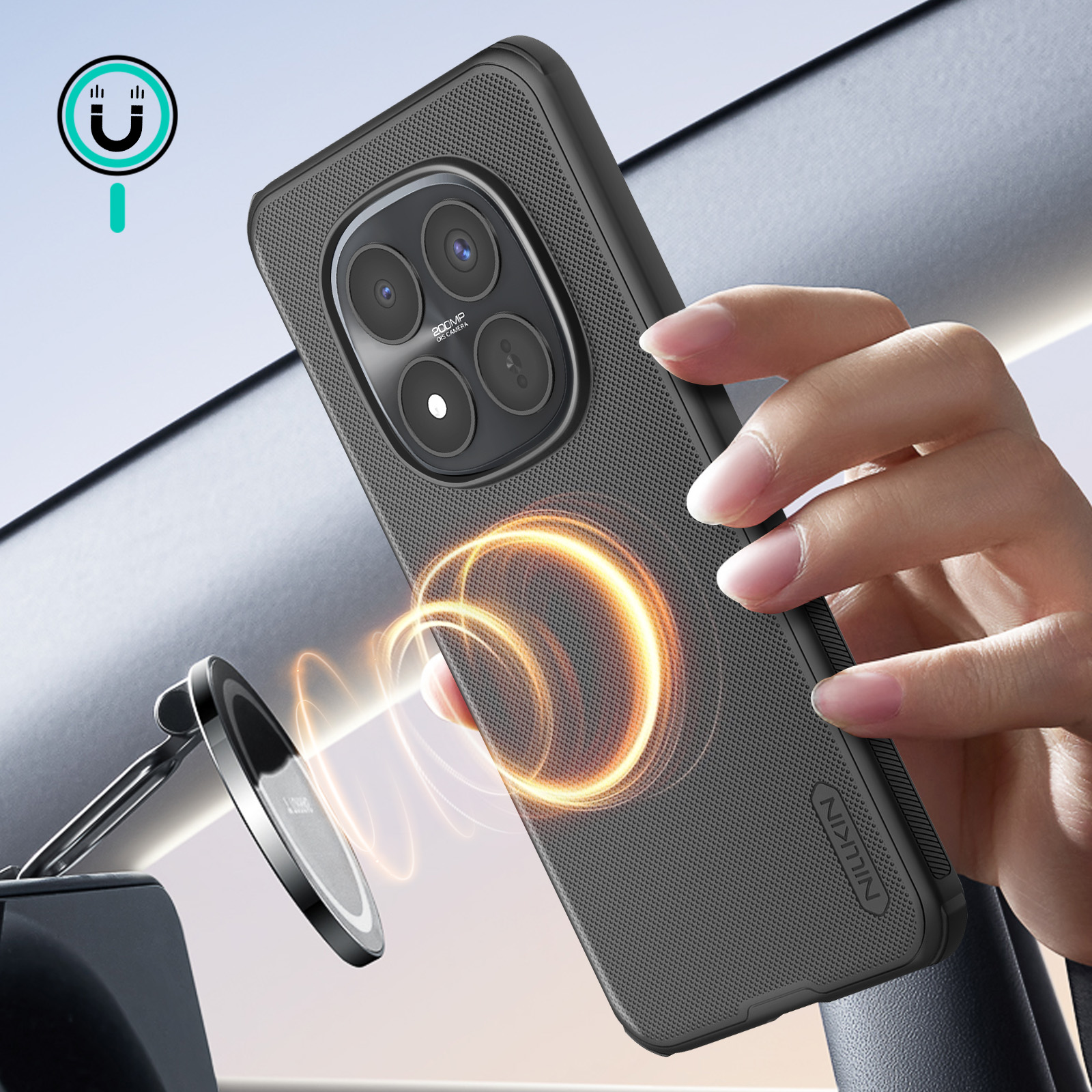 Una mano tiene un telefono con ricarica magnetica e fotocamera da 200MP.