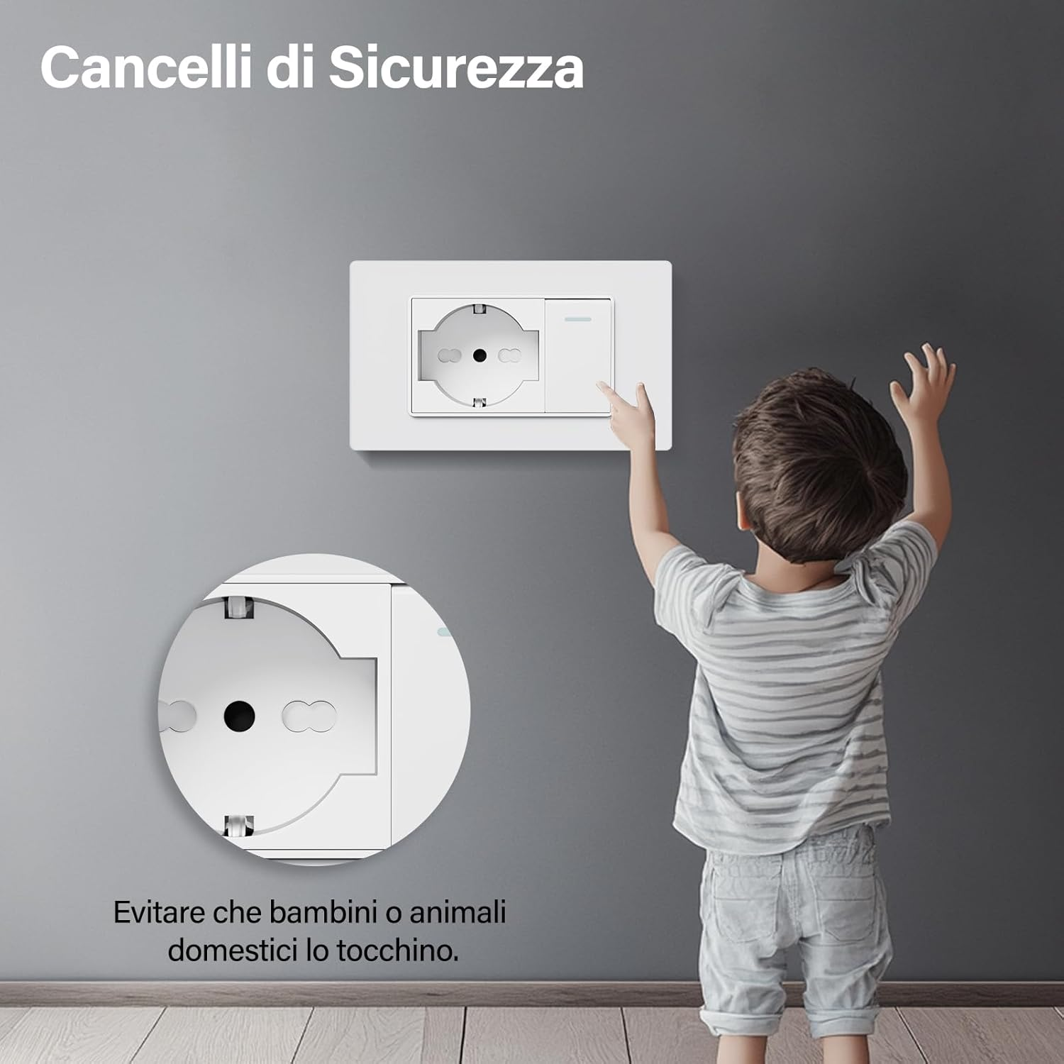 Un bambino piccolo tocca una presa elettrica con otturatori di sicurezza.