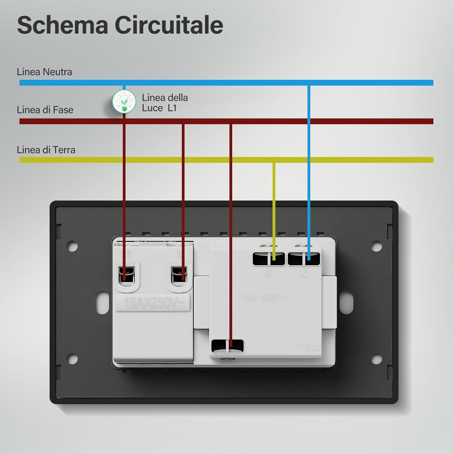 Schema elettrico mostra collegamenti per linea neutra, fase e terra.