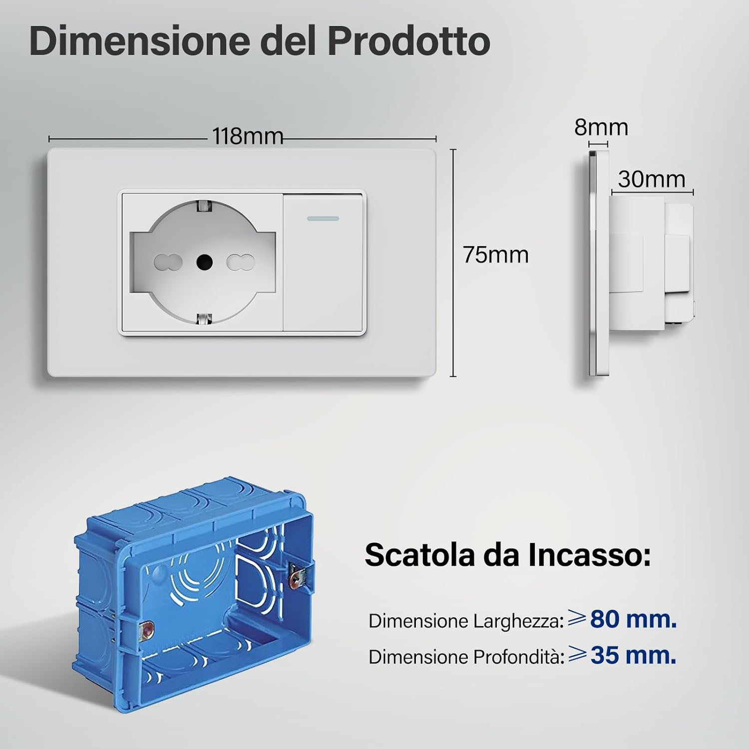 Dimensioni prodotto: Presa 118x75mm, scatola incasso blu.