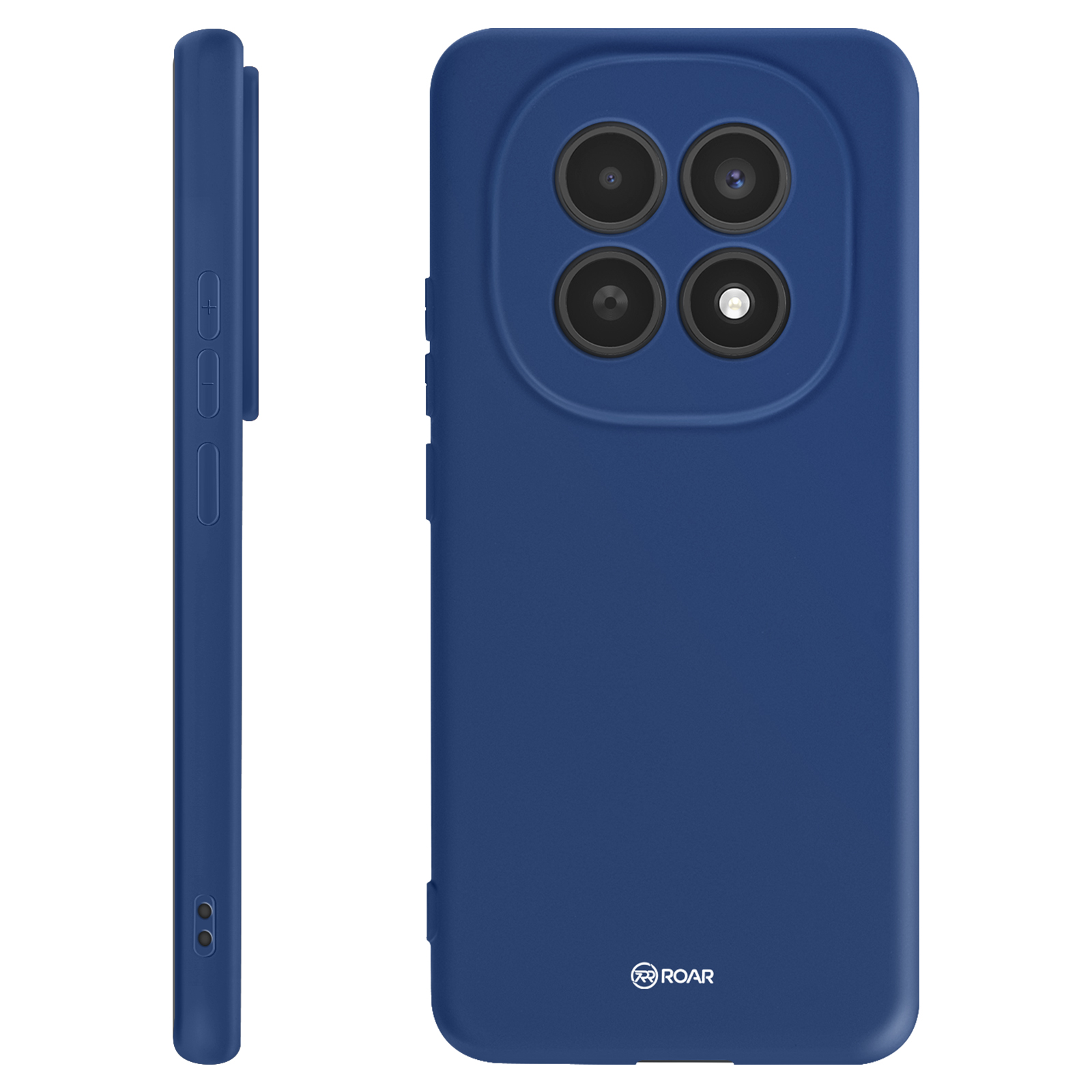 Donkerblauwe telefoonhoes met vier camera's en oplaadpoort.
