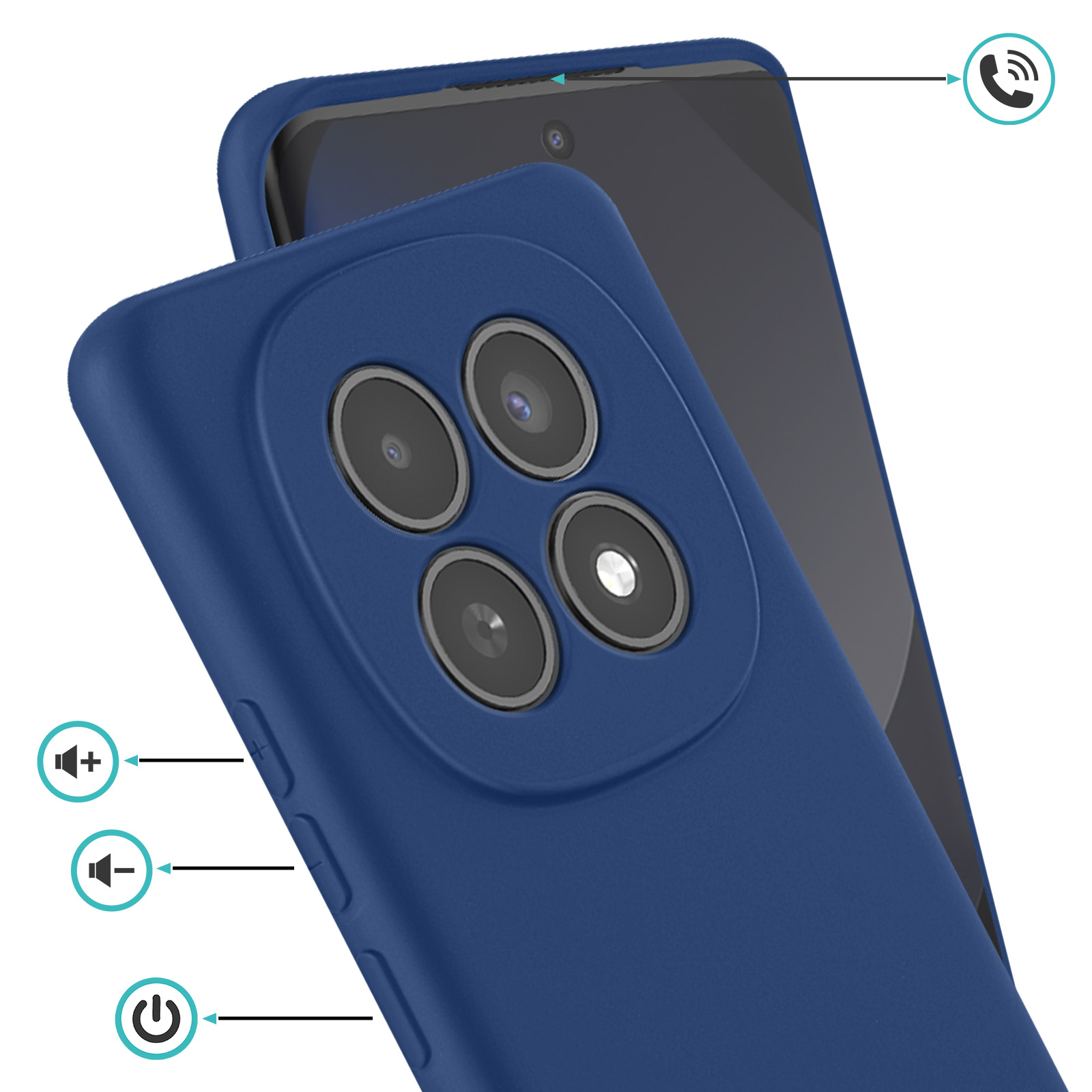 Blauw telefoonhoesje met quad camera en iconen voor volume en aan/uit.