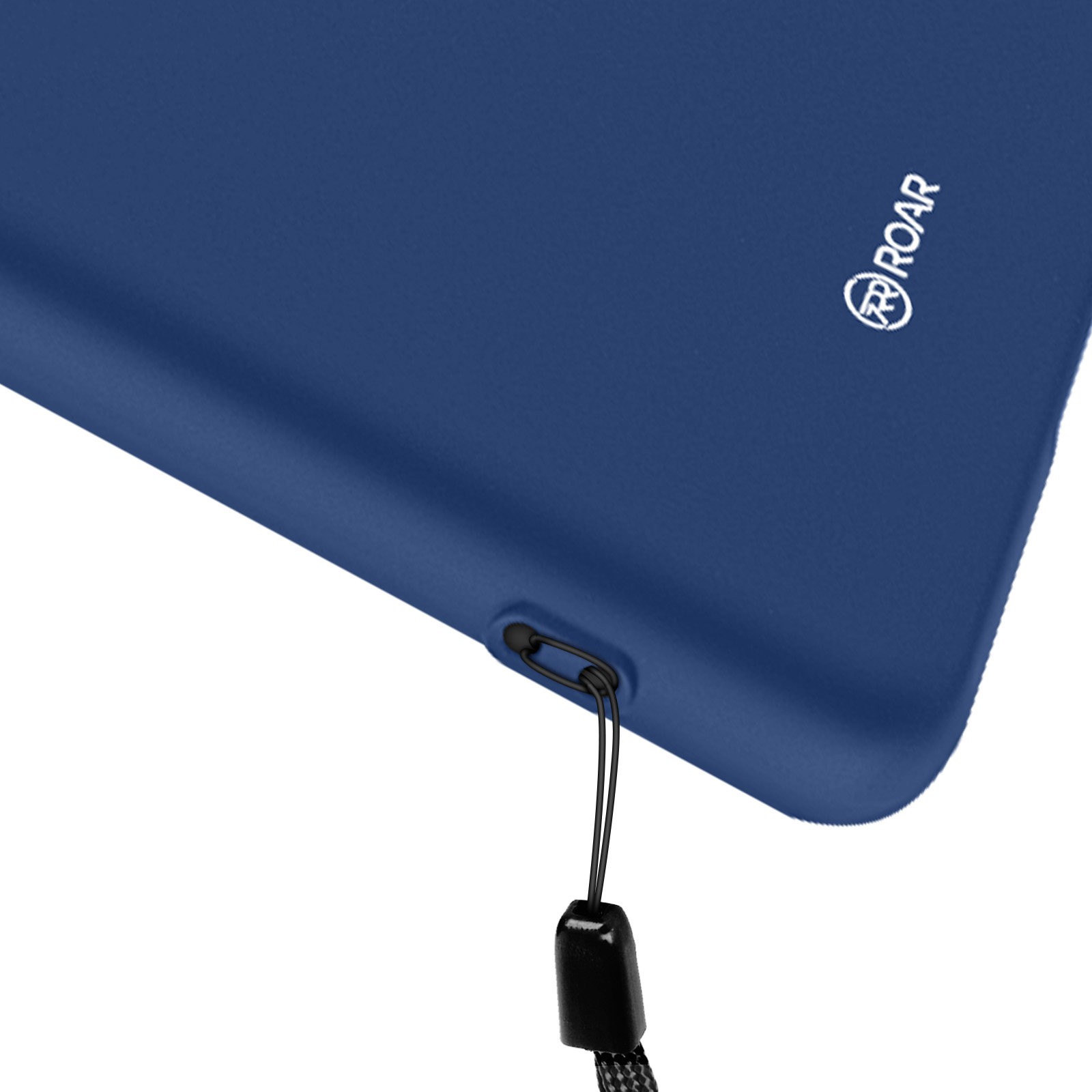 Donkerblauwe telefoonhoes met draagkoord en wit Roar-logo.