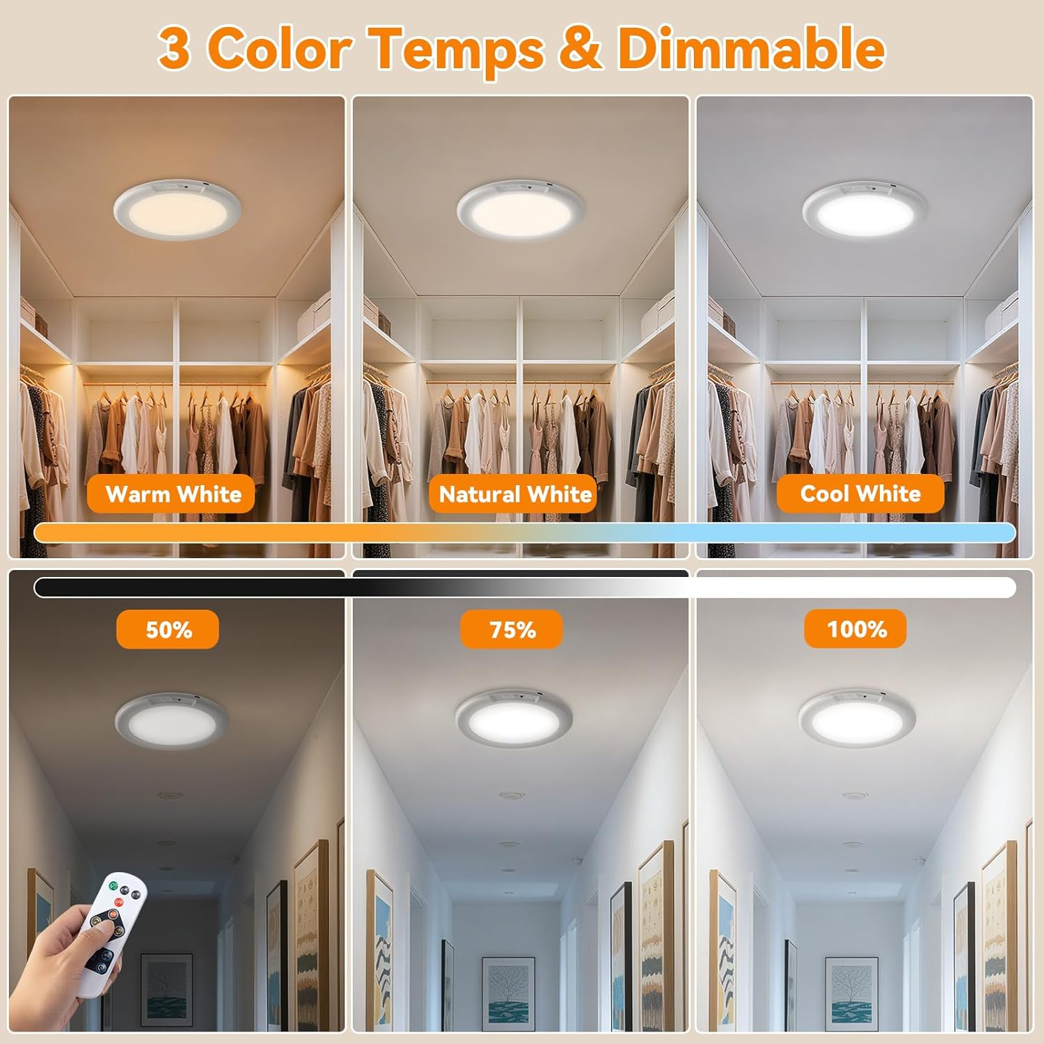 Lampada da soffitto con 3 temperature di colore e impostazioni dimmerabili in armadi e corridoi.