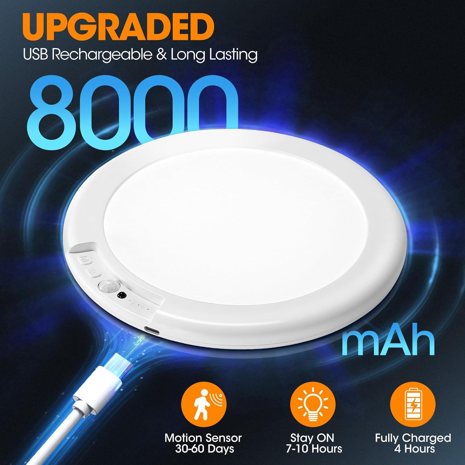 Luce bianca, rotonda, ricaricabile USB con 8000 mAh, sensore di movimento, 30-60 giorni.