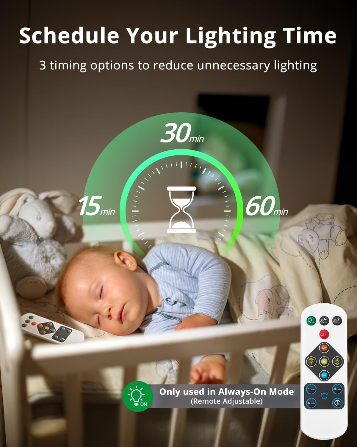 Un bambino dorme in una culla, accanto a un telecomando con opzioni timer.