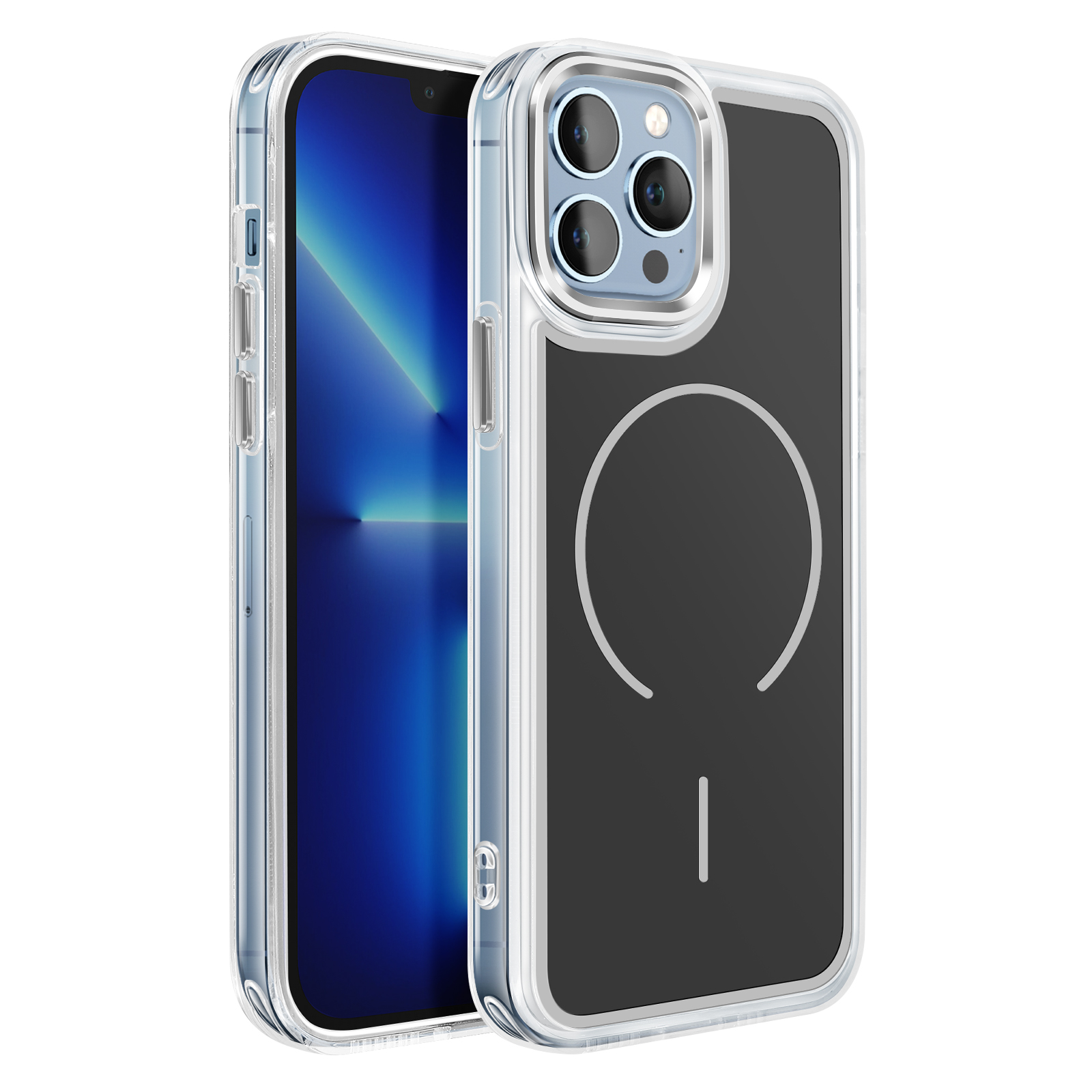 Een transparante telefoonhoes met zwarte inzet en drie camera's aan de achterkant.