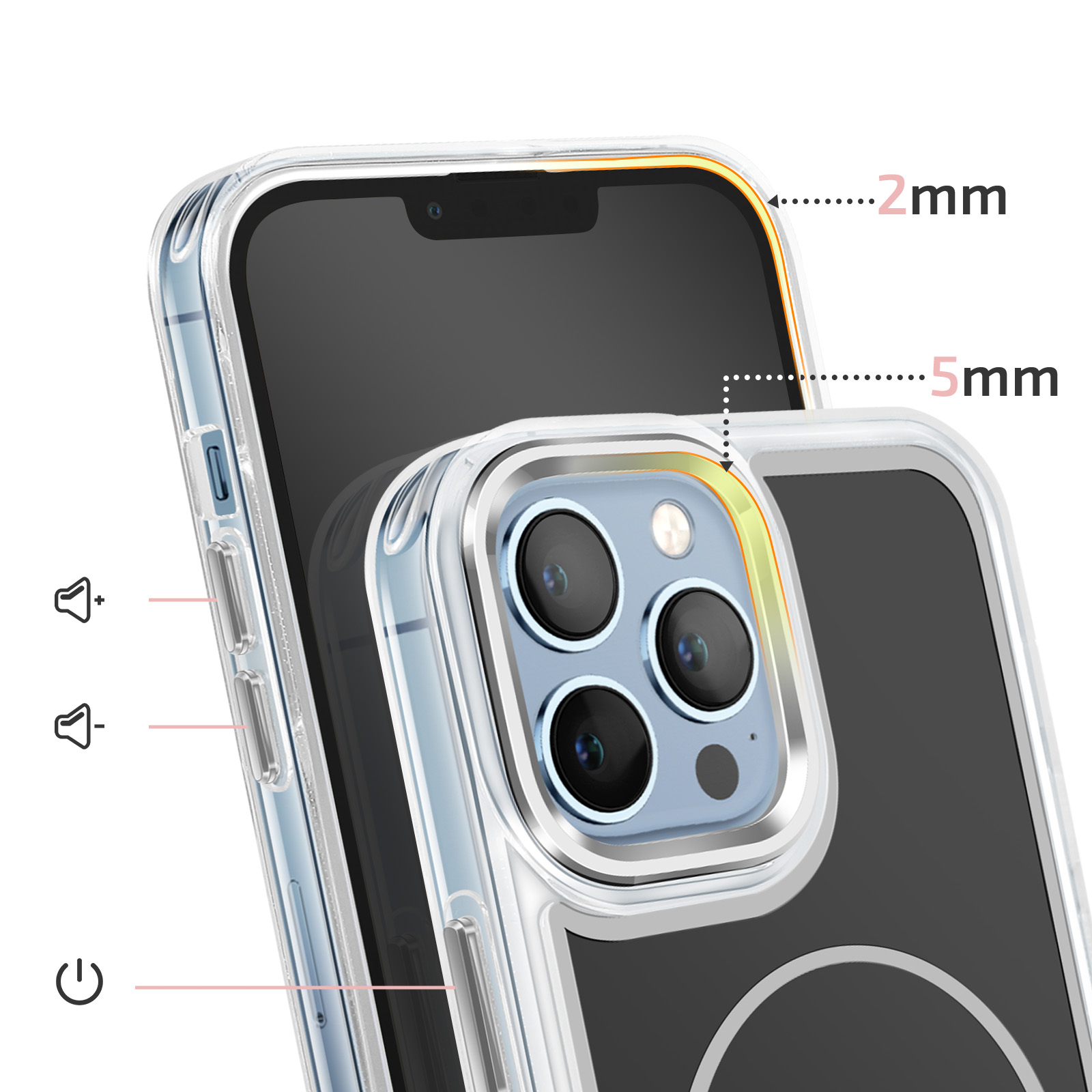 Transparante telefoonhoes met camera, volumeknoppen en aan/uit-symbool.