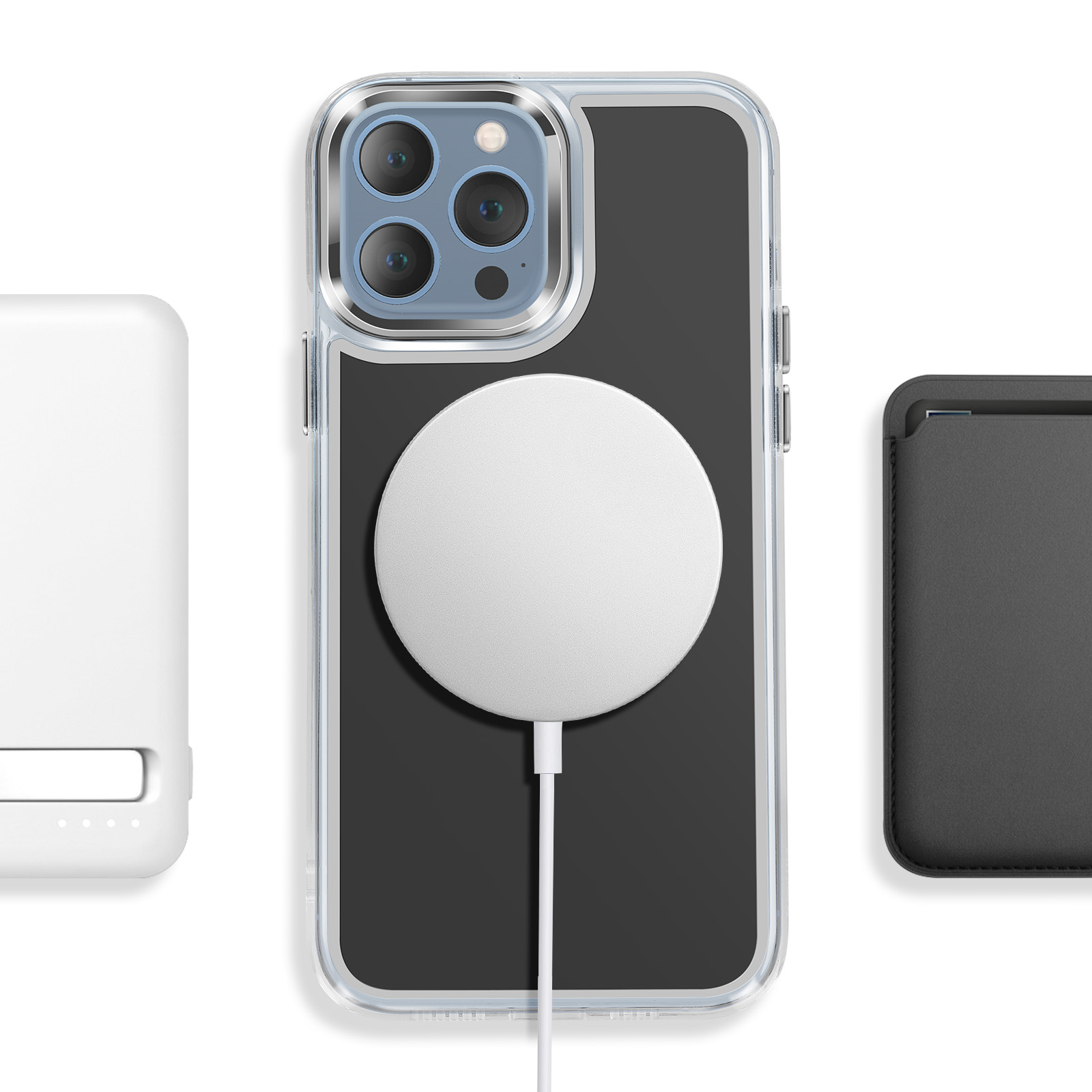 Een iPhone met hoesje, oplaadkabel en een witte powerbank ernaast.
