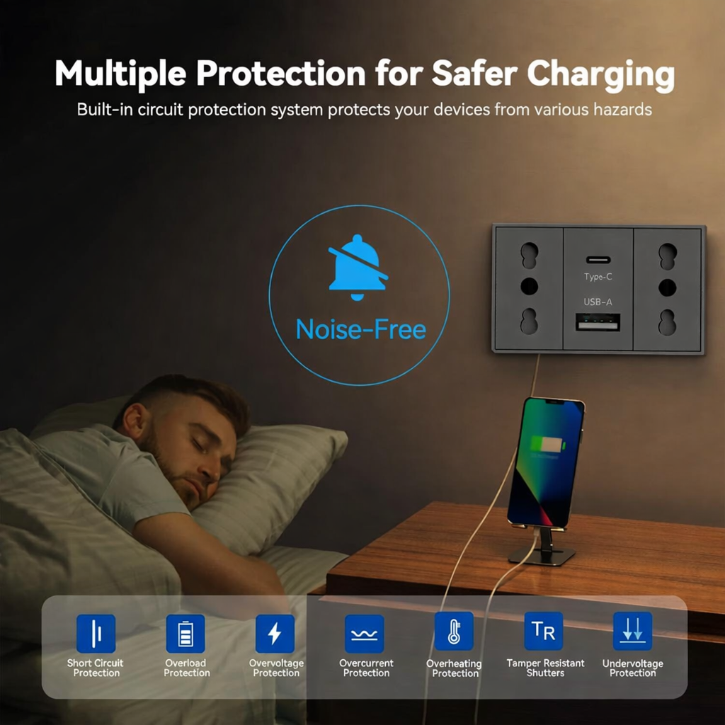 Uomo dorme mentre un telefono carica su una presa a muro con porte USB.