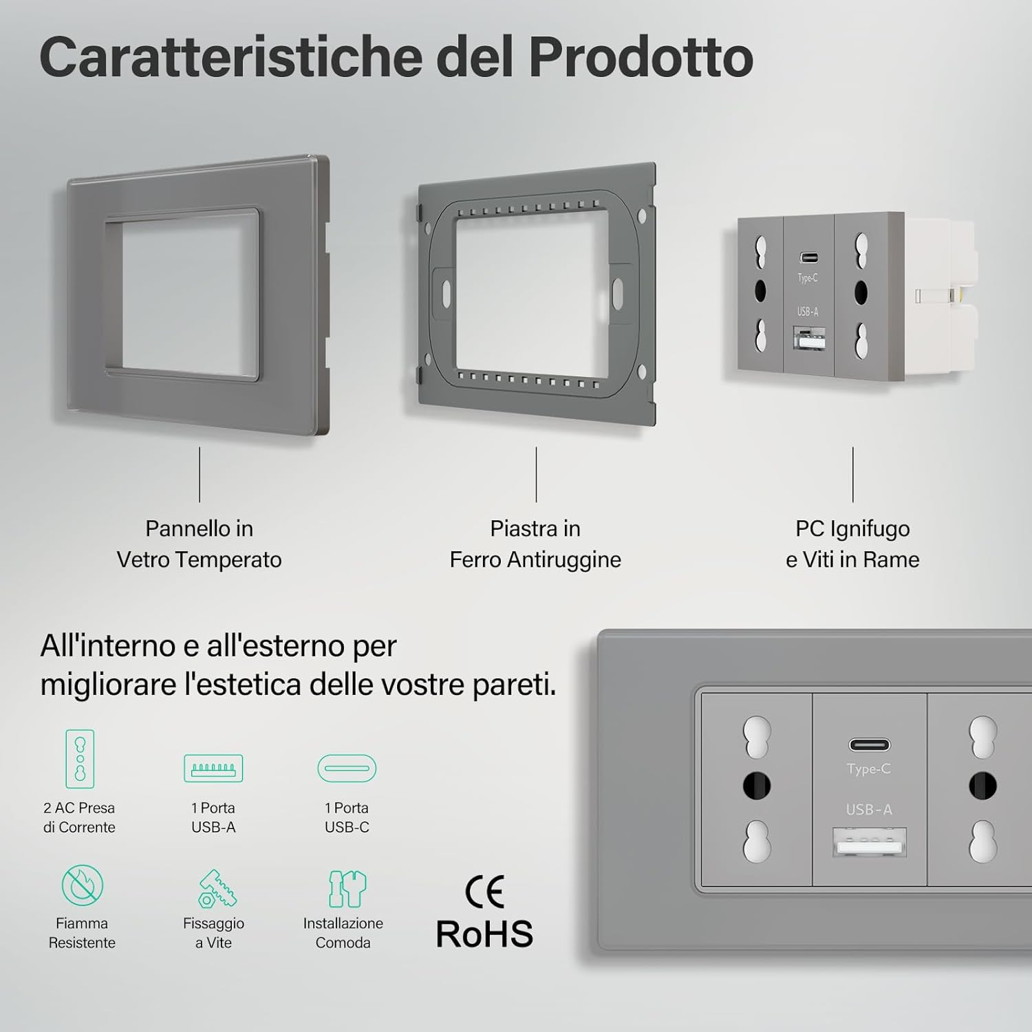 Caratteristiche prodotto: Pannello vetro, piastra ferro antiruggine, PC ignifugo, porte USB-A/C.