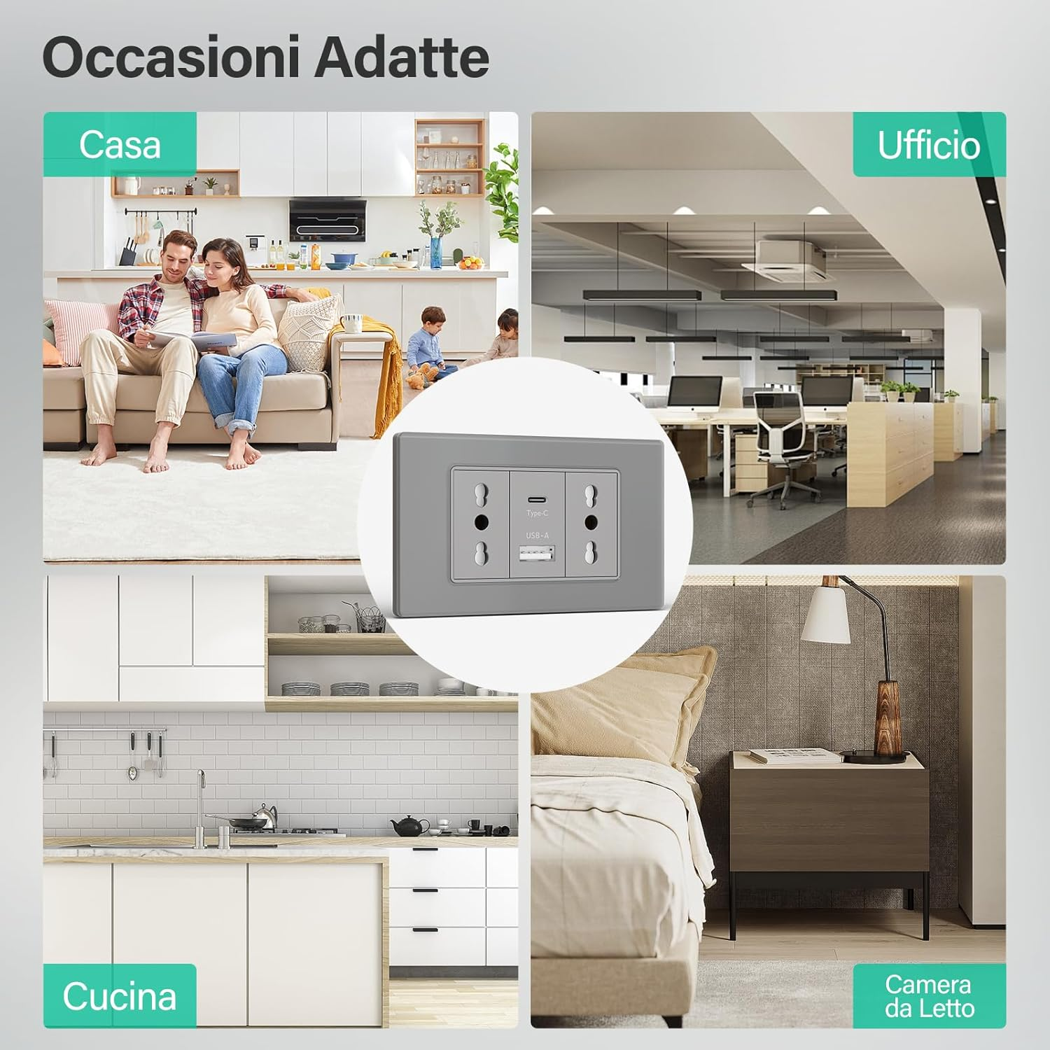 Il collage mostra scene di casa, ufficio, cucina e camera da letto con prese.