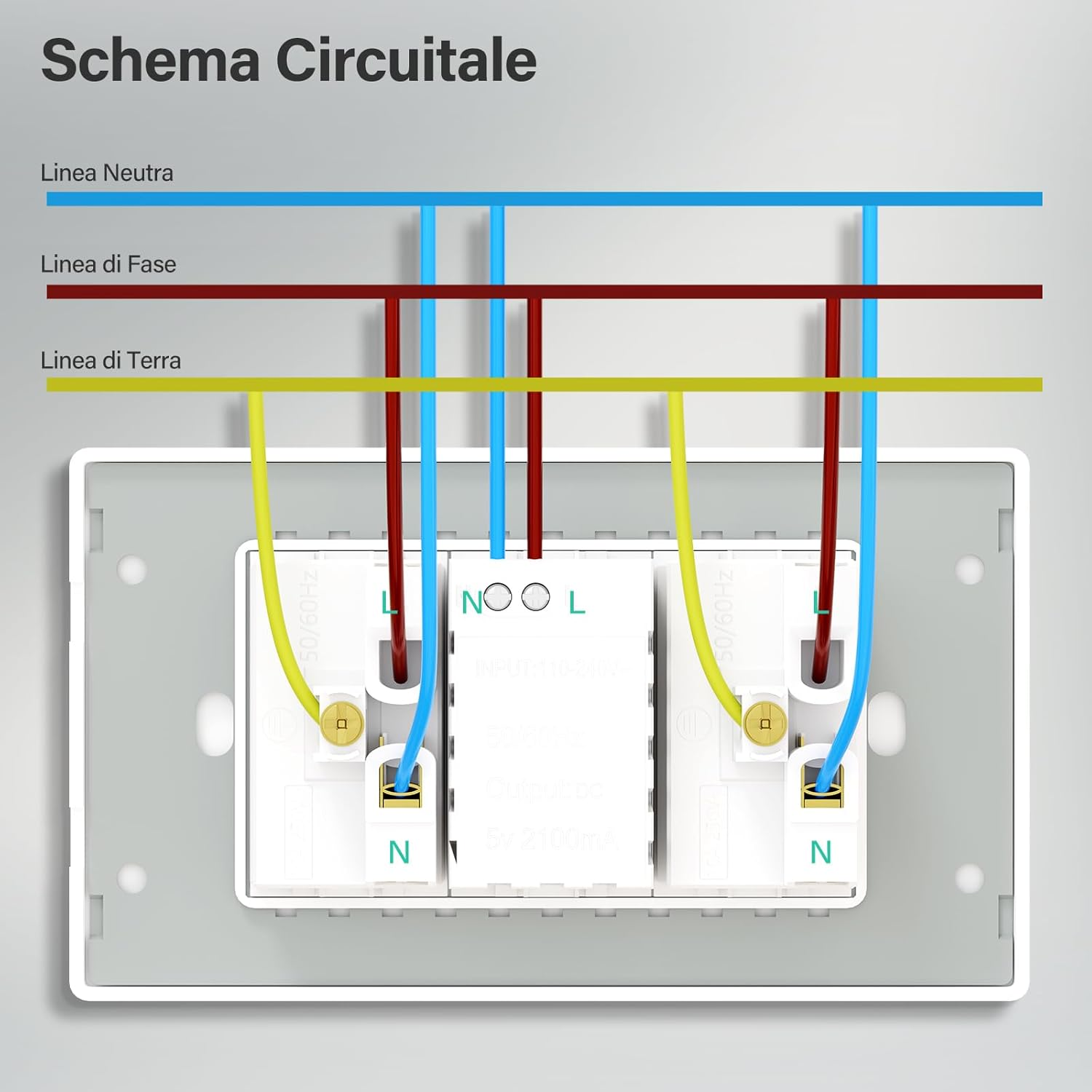 Schema elettrico: cavi blu, rosso, giallo collegati a una presa bianca.