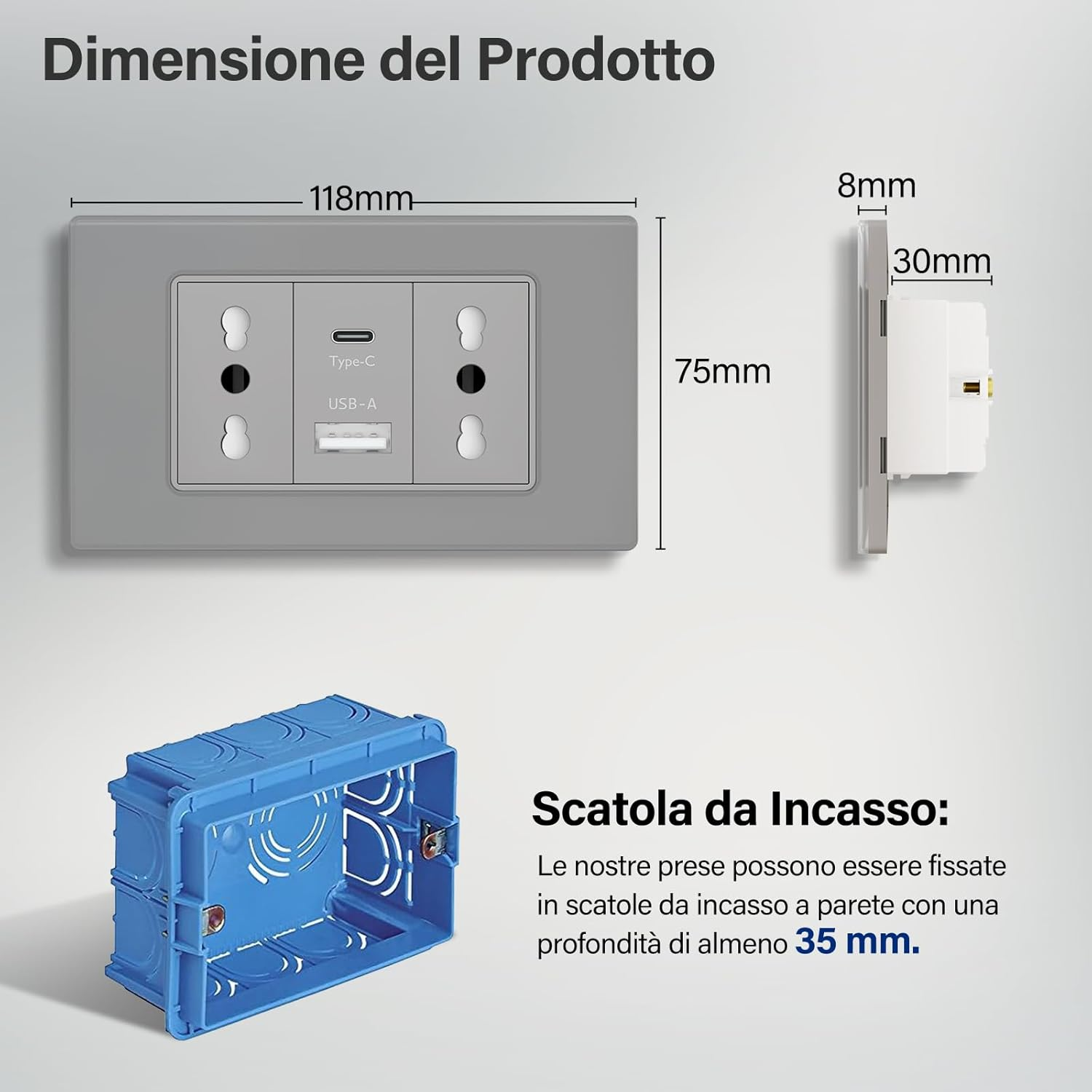 Multipresa grigia con porte USB-A/C e scatola da incasso.