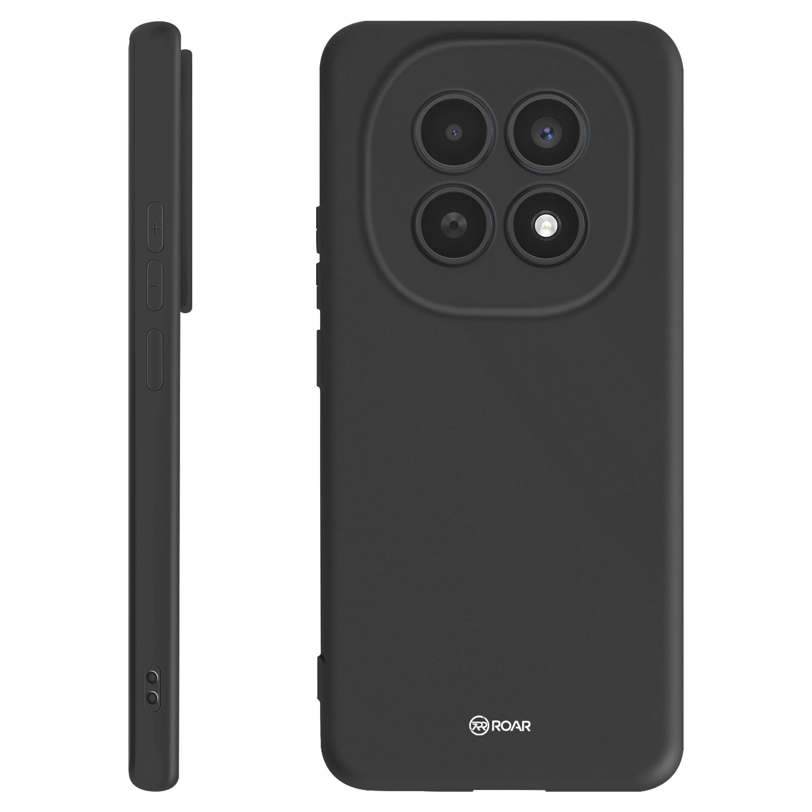 Zwart telefoonhoesje met zijkant en achterkant, vier cameralenzen, knoppen.