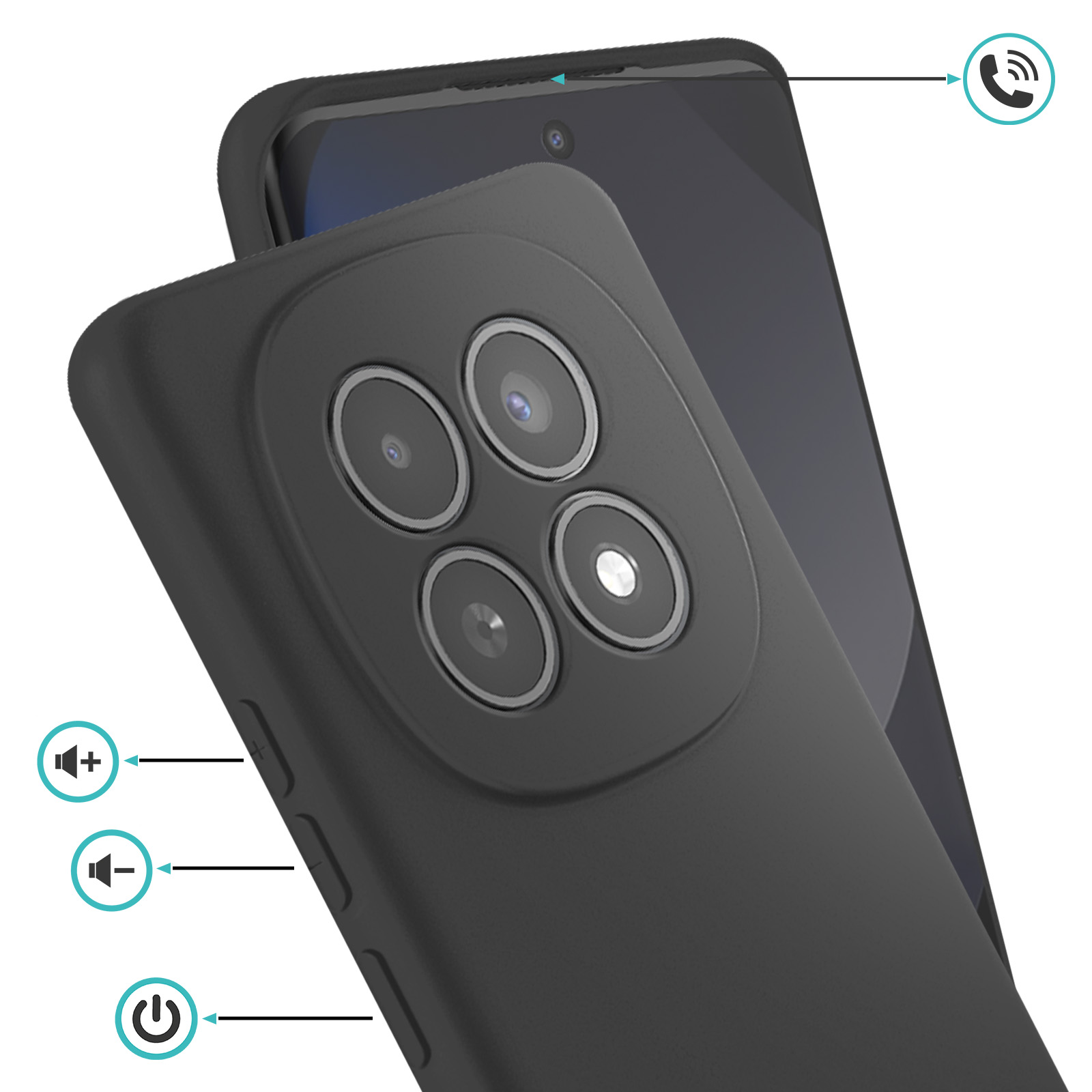 Zwarte smartphone met vier camera's, volume- en aan/uit-knoppen.