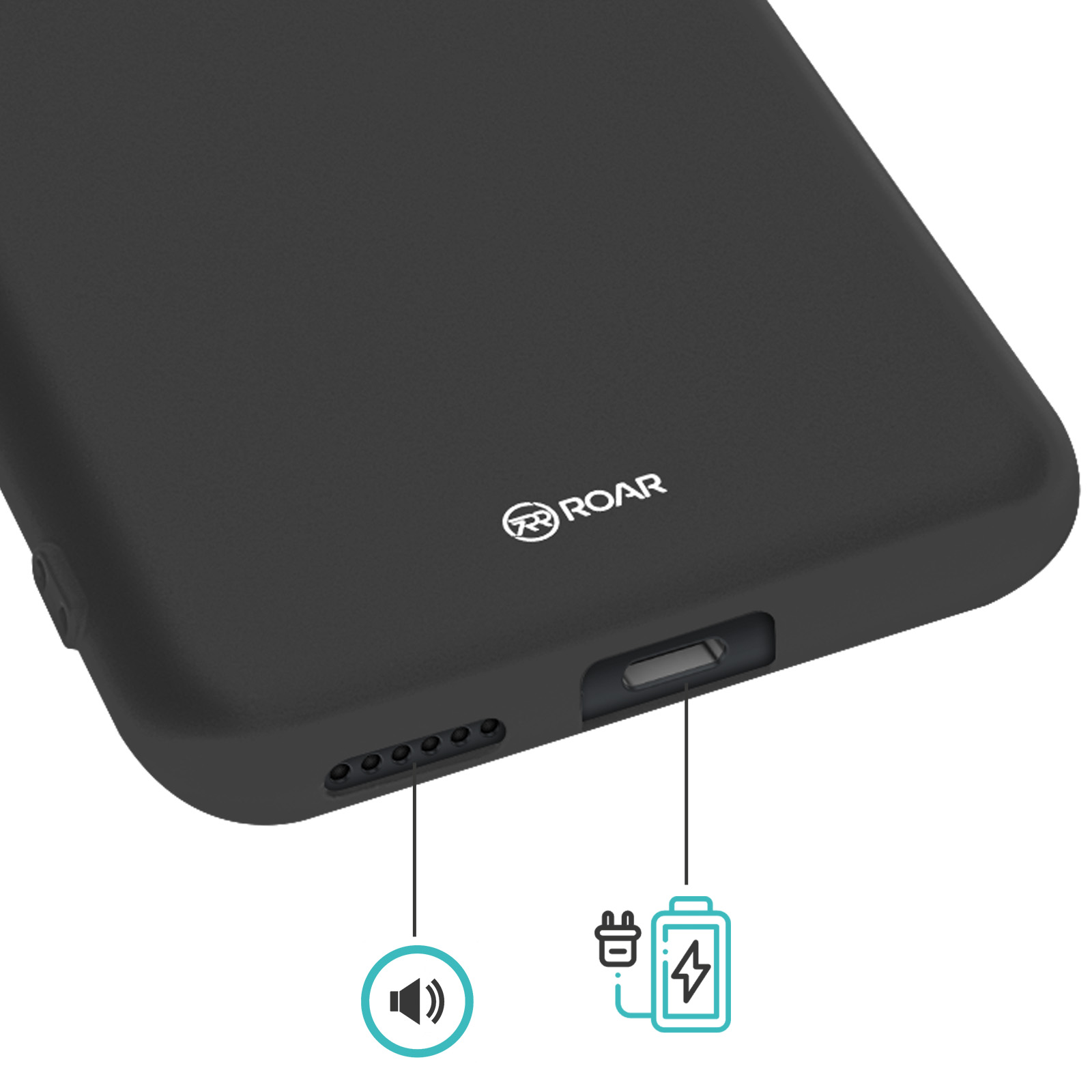Zwarte telefoonhoes met Roar-logo, oplaadpoort en luidsprekers.