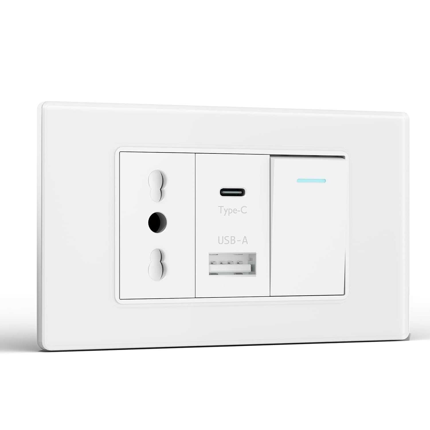 Una ciabatta bianca con prese di corrente, porte USB-A e USB-C.