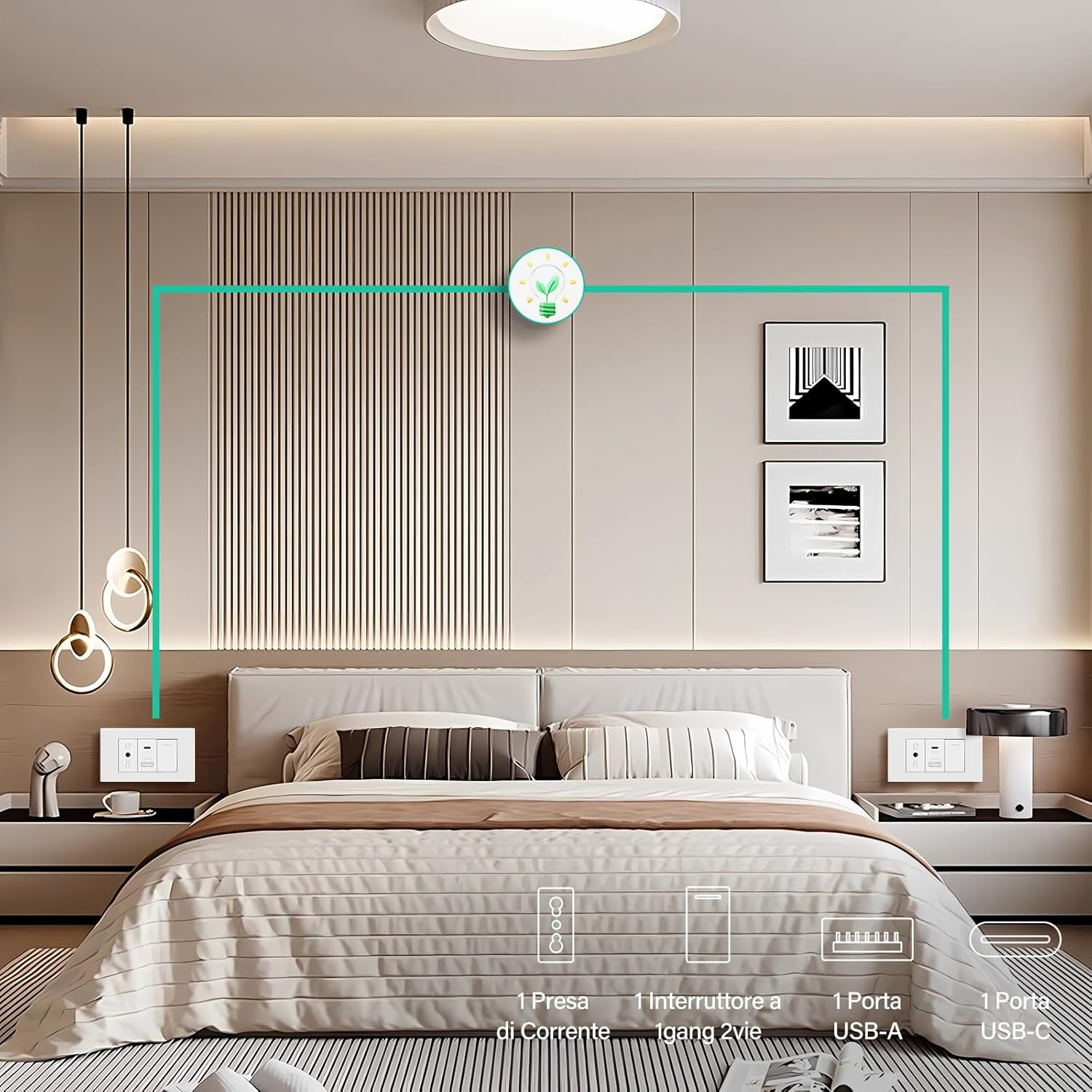Una camera da letto con letto, comodini e prese/porte USB.