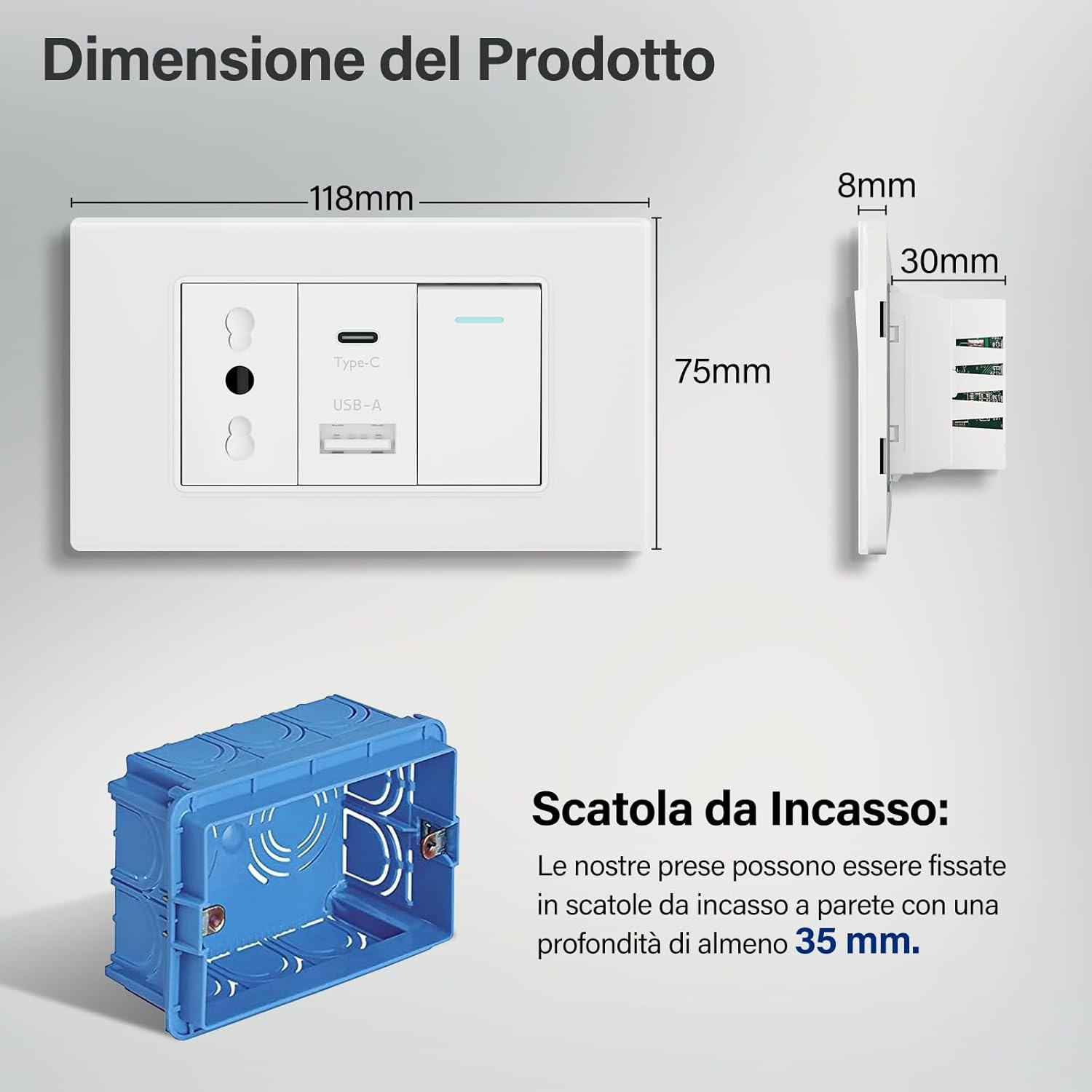 Una presa e un caricatore USB bianchi con dimensioni e una scatola da incasso blu.