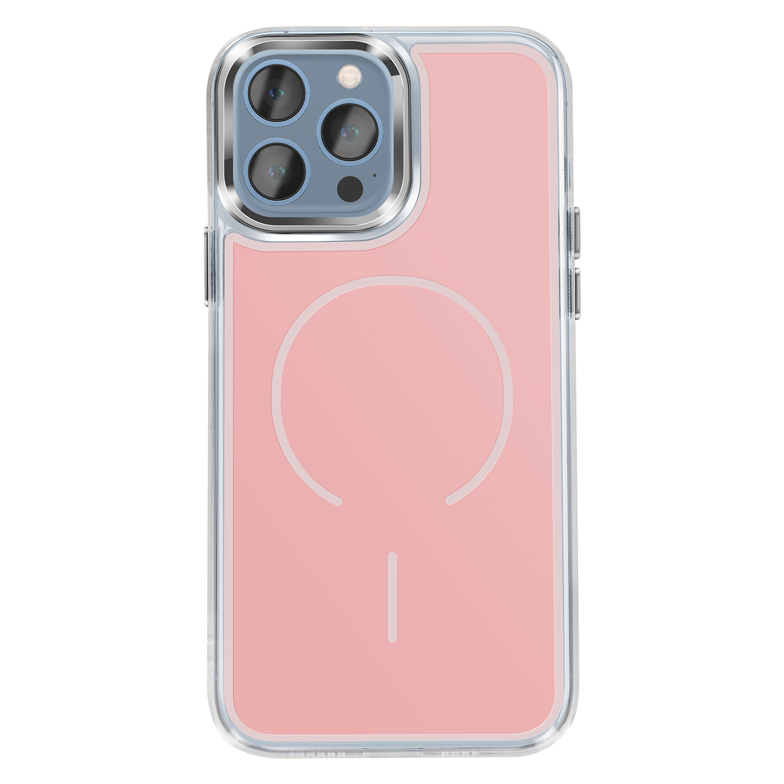 Een roze telefoonhoes met MagSafe-cirkel en camera's op witte achtergrond.