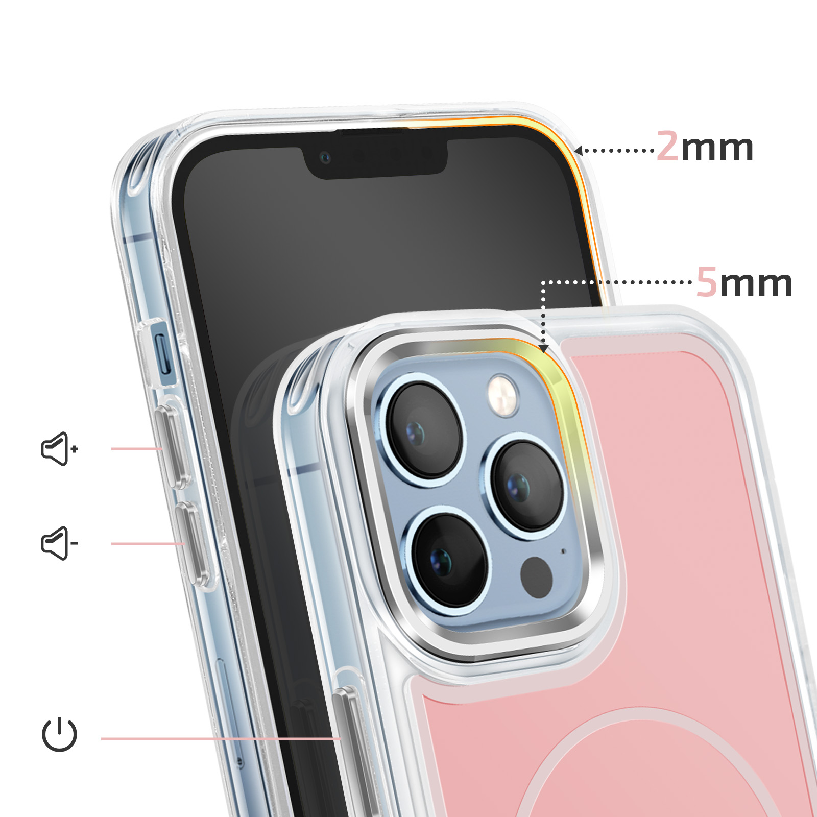 Transparante telefoonhoes op roze telefoon, toont camera en knoppen. 2mm & 5mm.