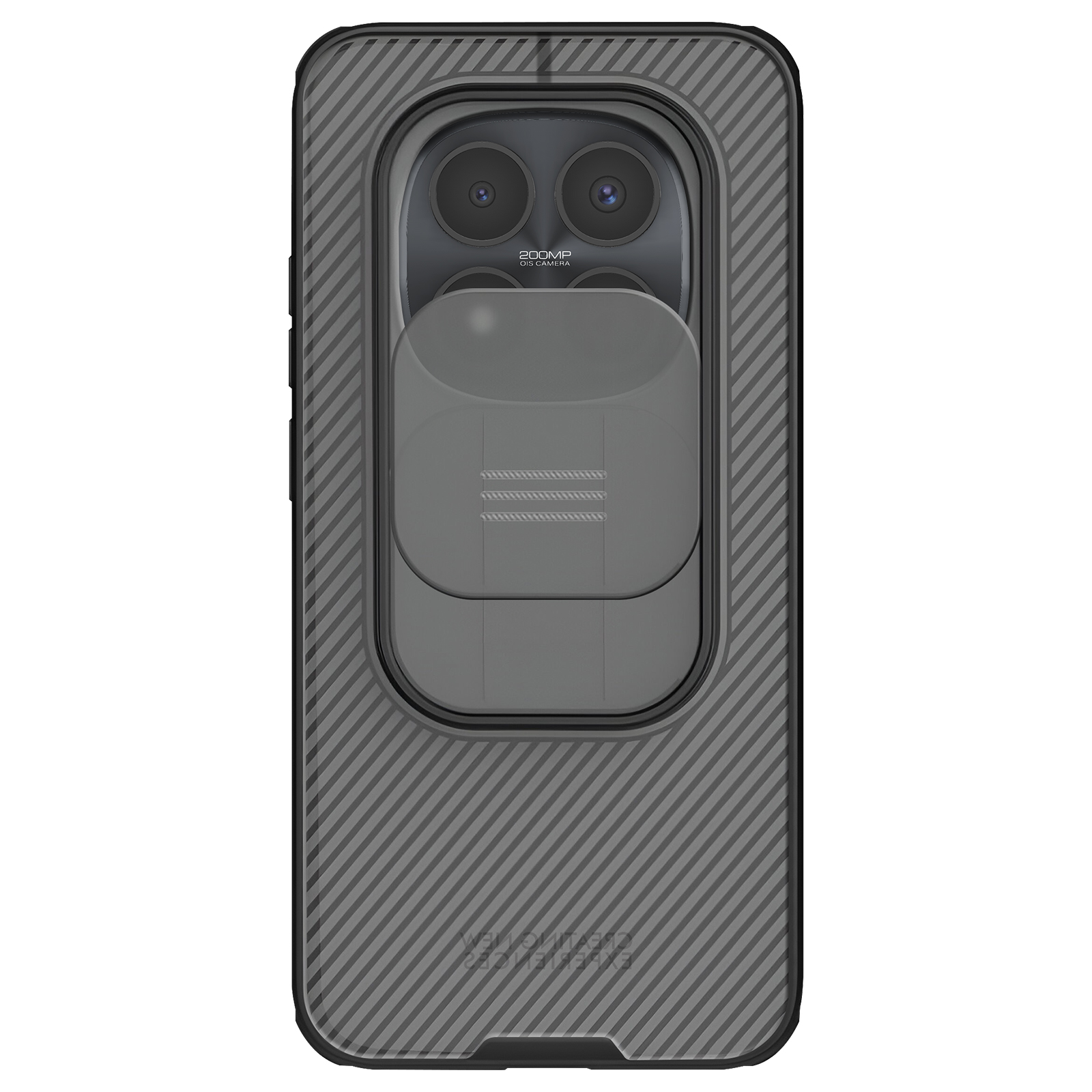 Coque de téléphone grise à motif carbone et cache-objectif.