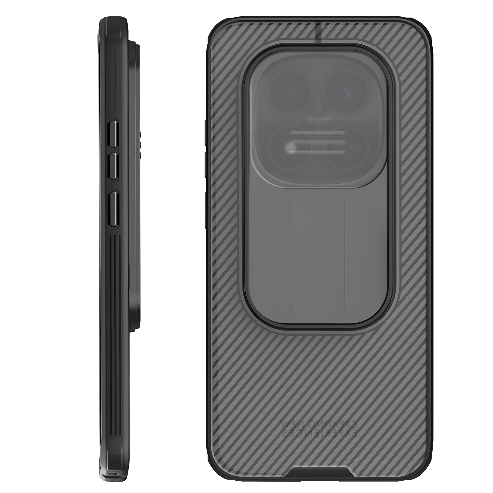 Coque de téléphone noire à rayures diagonales et découpe caméra.