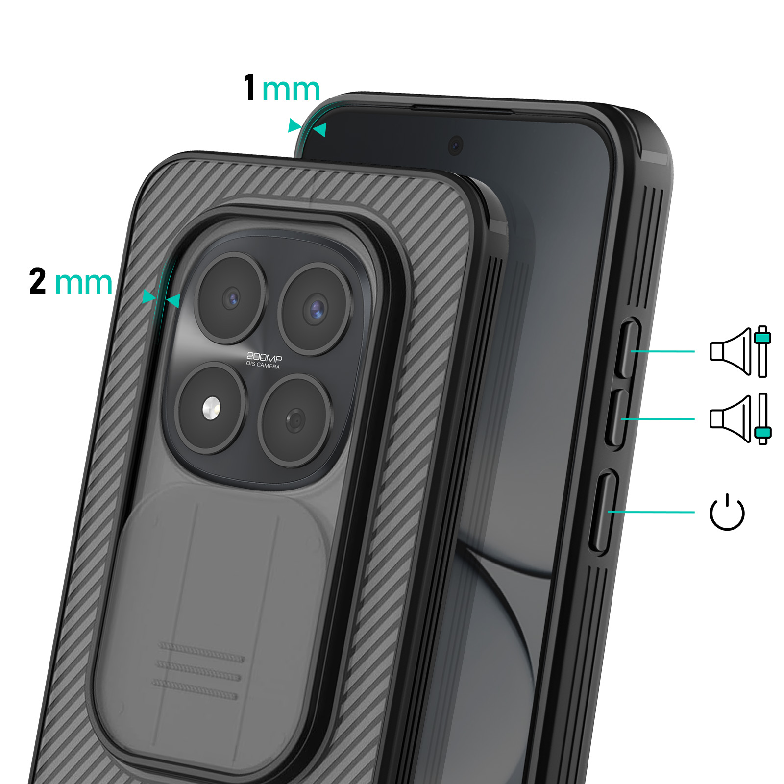 Coque de téléphone noire avec rebord de caméra de 2 mm et bord d'écran de 1 mm. Boutons volume et alimentation.